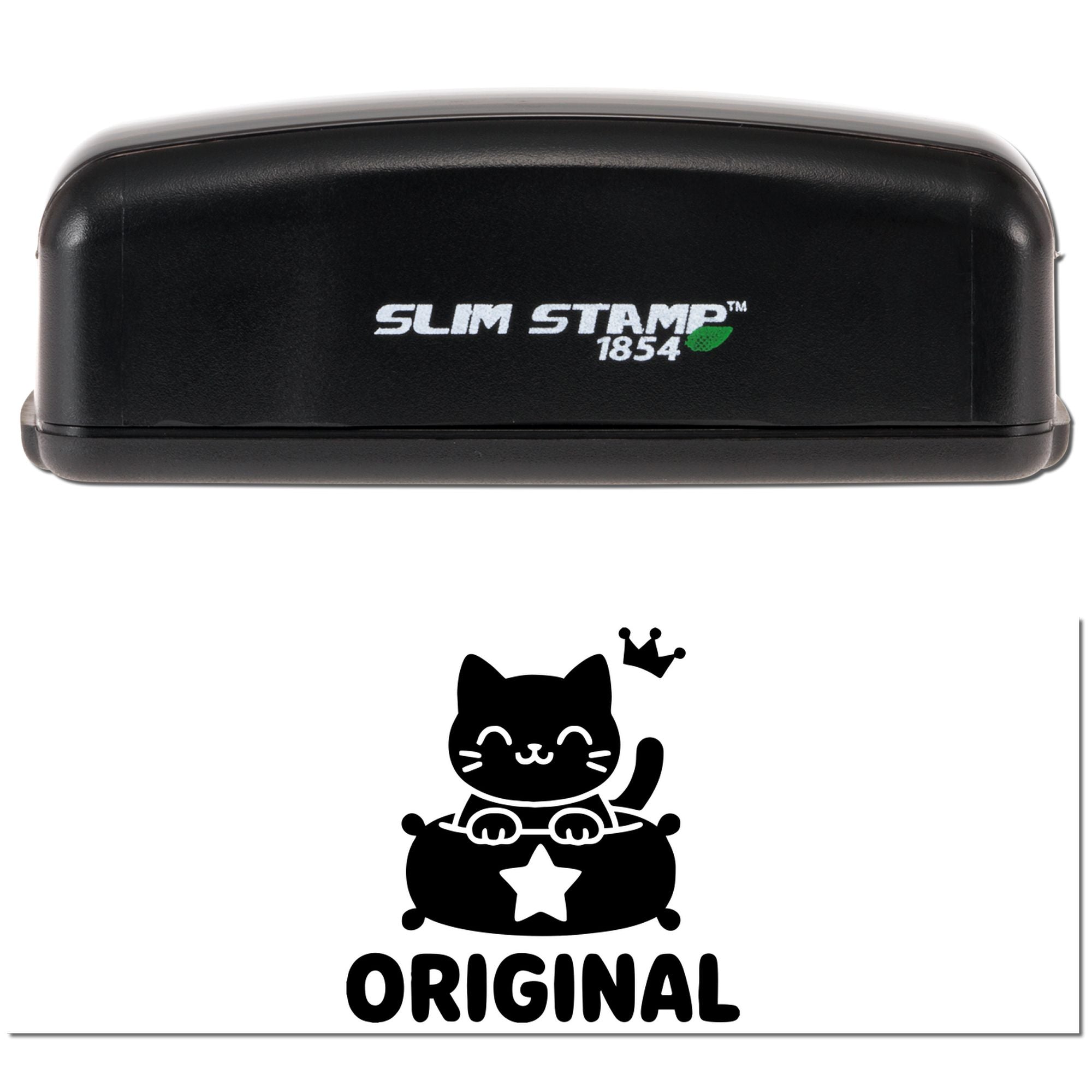 Black Slim Stamp 1854 stamp and seal set with white cat-and-crown ORIGINAL logo.