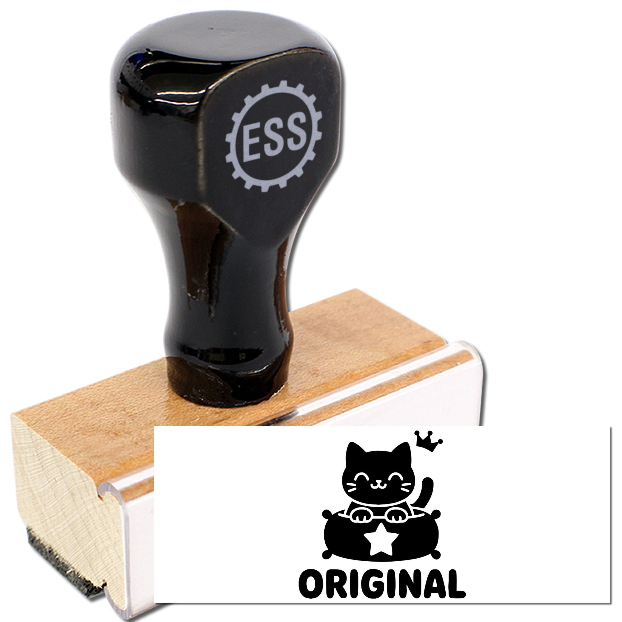 Black ESS stamp and seal set with wooden base, cat logo, star, and ORIGINAL text on white background.