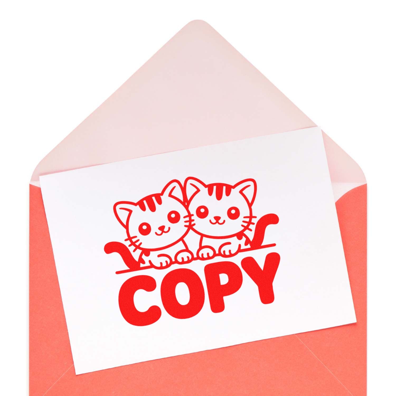 Red cat COPY stamp on white card in a pink envelope, bold red seal design