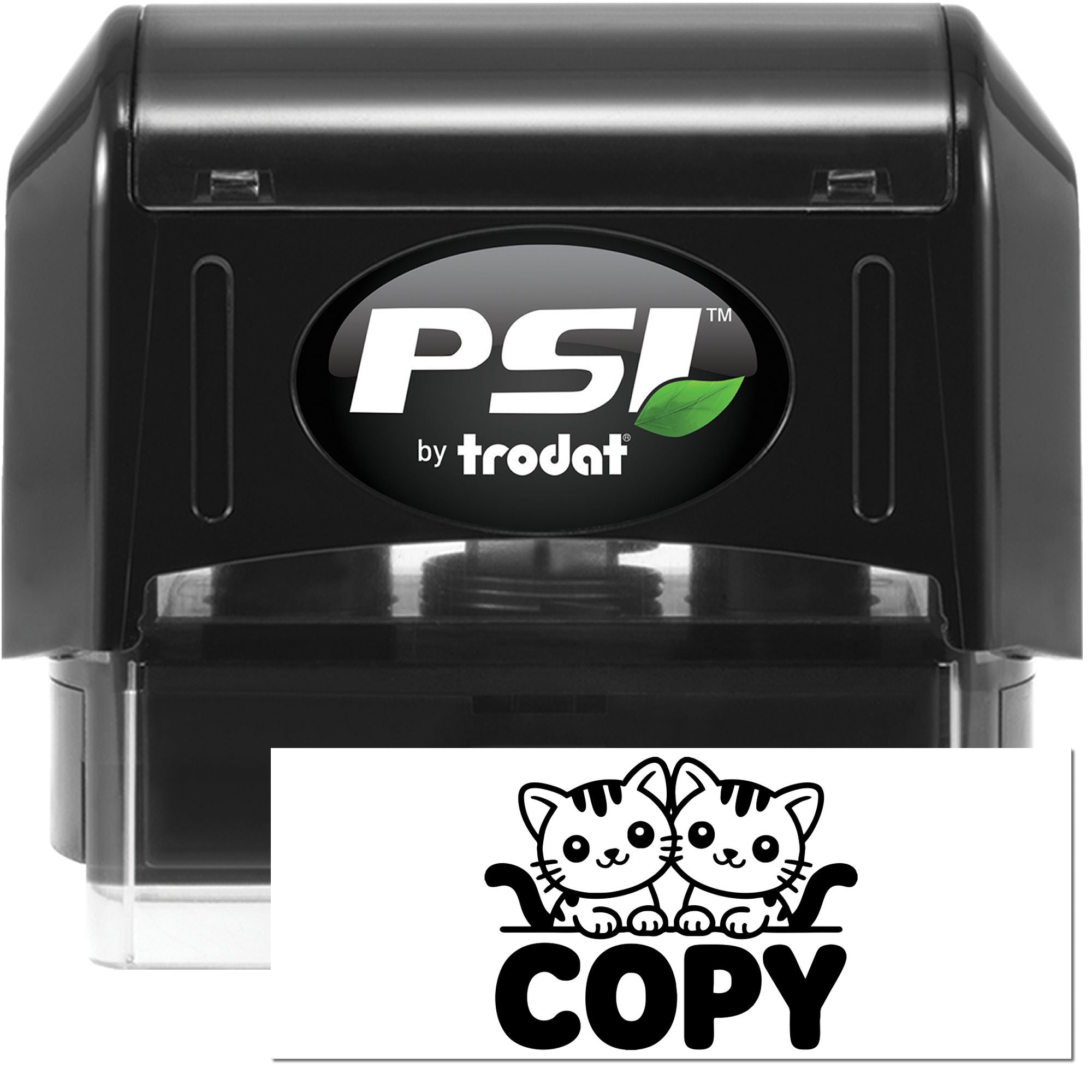 Black PSI by Trodat self-inking stamp and seal set with COPY imprint and cat logo on white background.