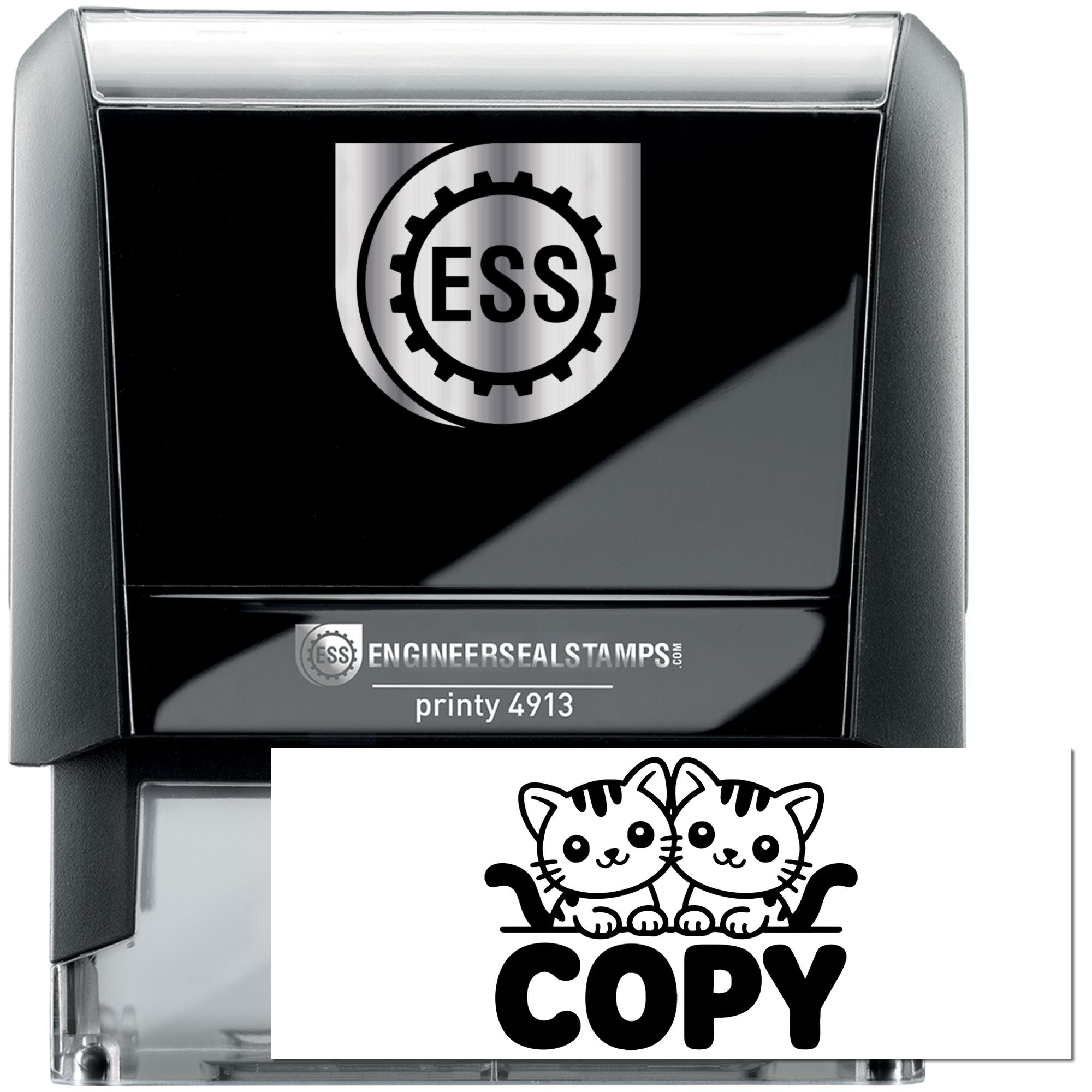 Black and silver self-inking engineer seal stamp, ESS Printy 4913, with sample COPY seal impression.