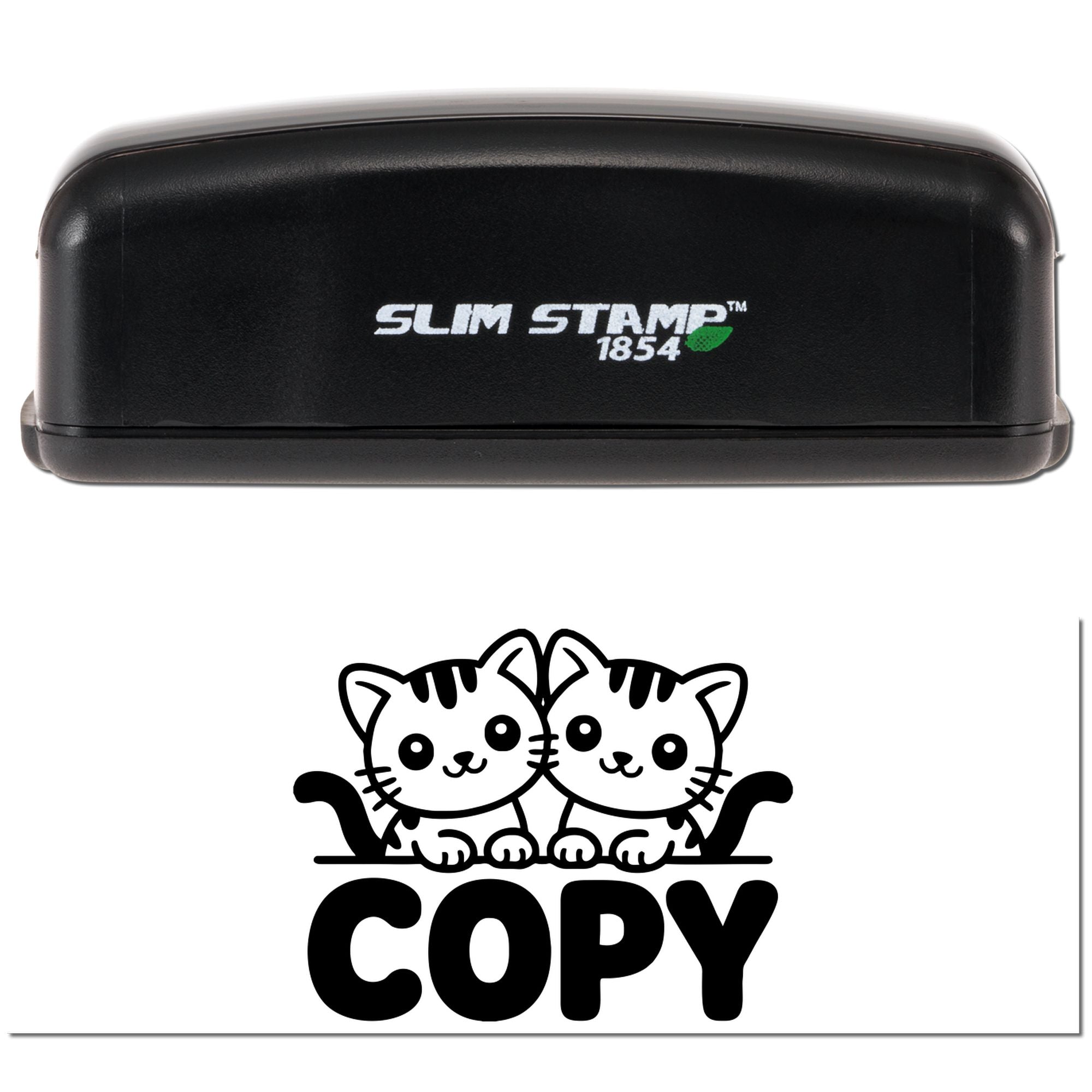 Black Slim Stamp 1854 self-inking stamp and black cat-themed COPY seal on white background