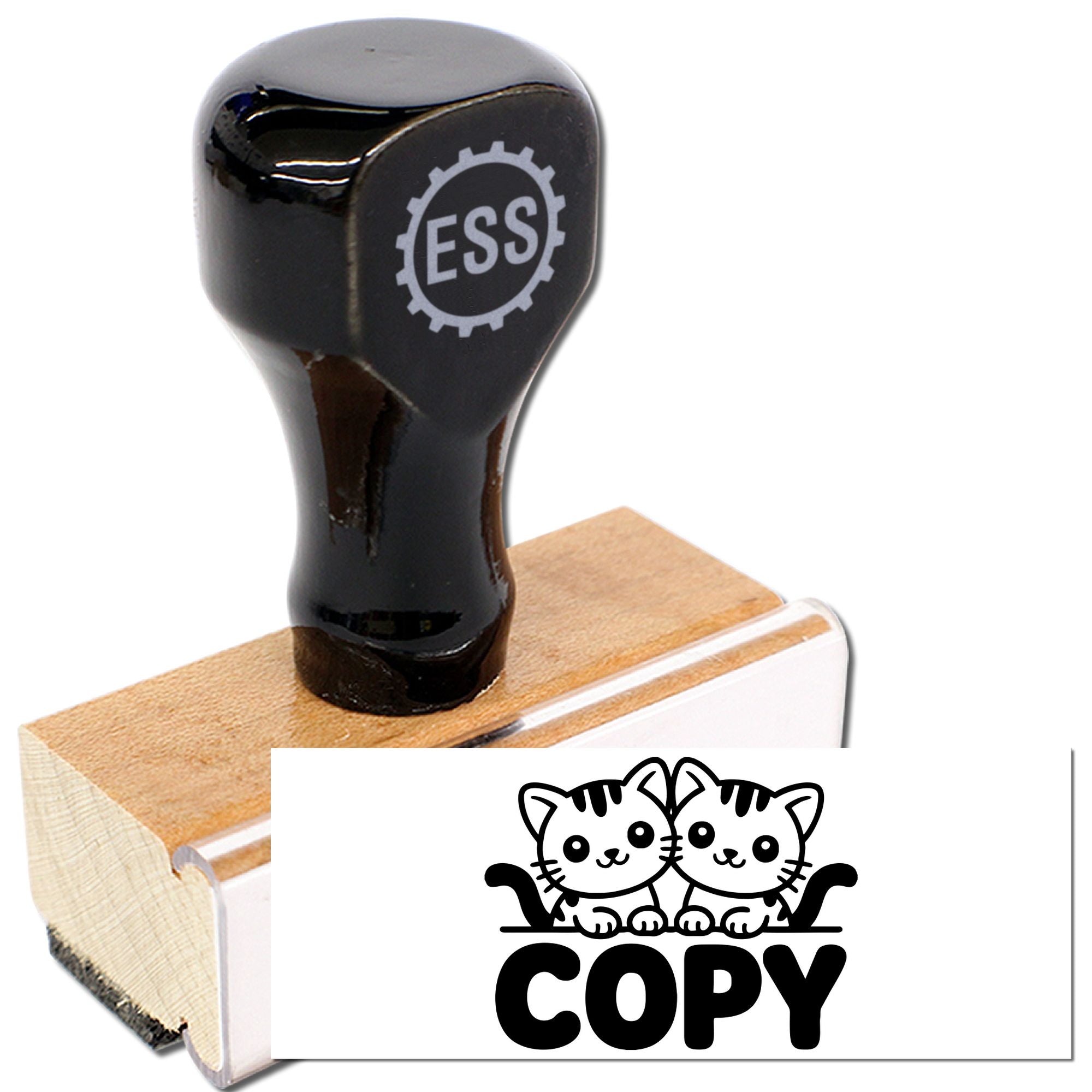 Black ESS rubber stamp with wooden base beside a white COPY cat seal design.