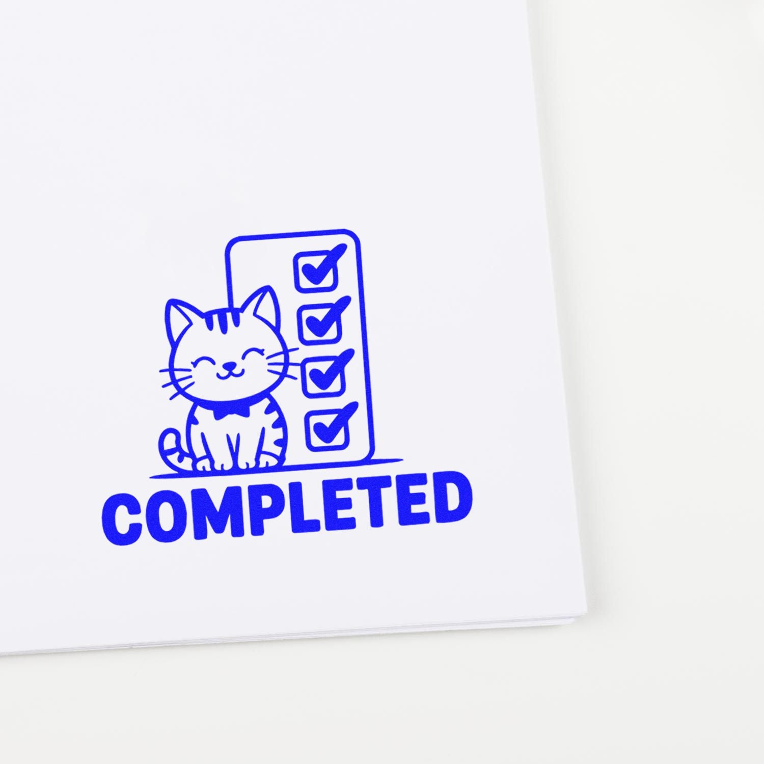 Blue completed stamp seal with smiling cat and checklist icons in bold blue on white paper.