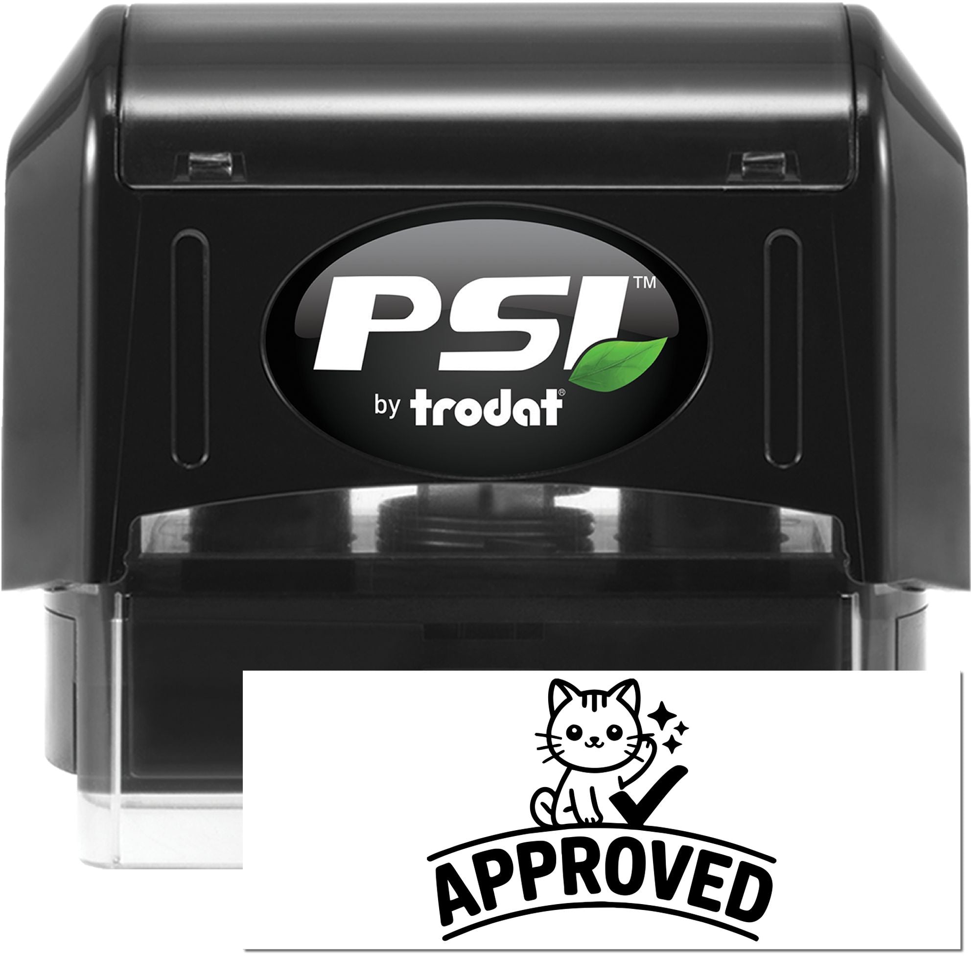 Black PSI by Trodat self-inking stamp and approved seal, black with white text, green leaf logo, and cat icon.