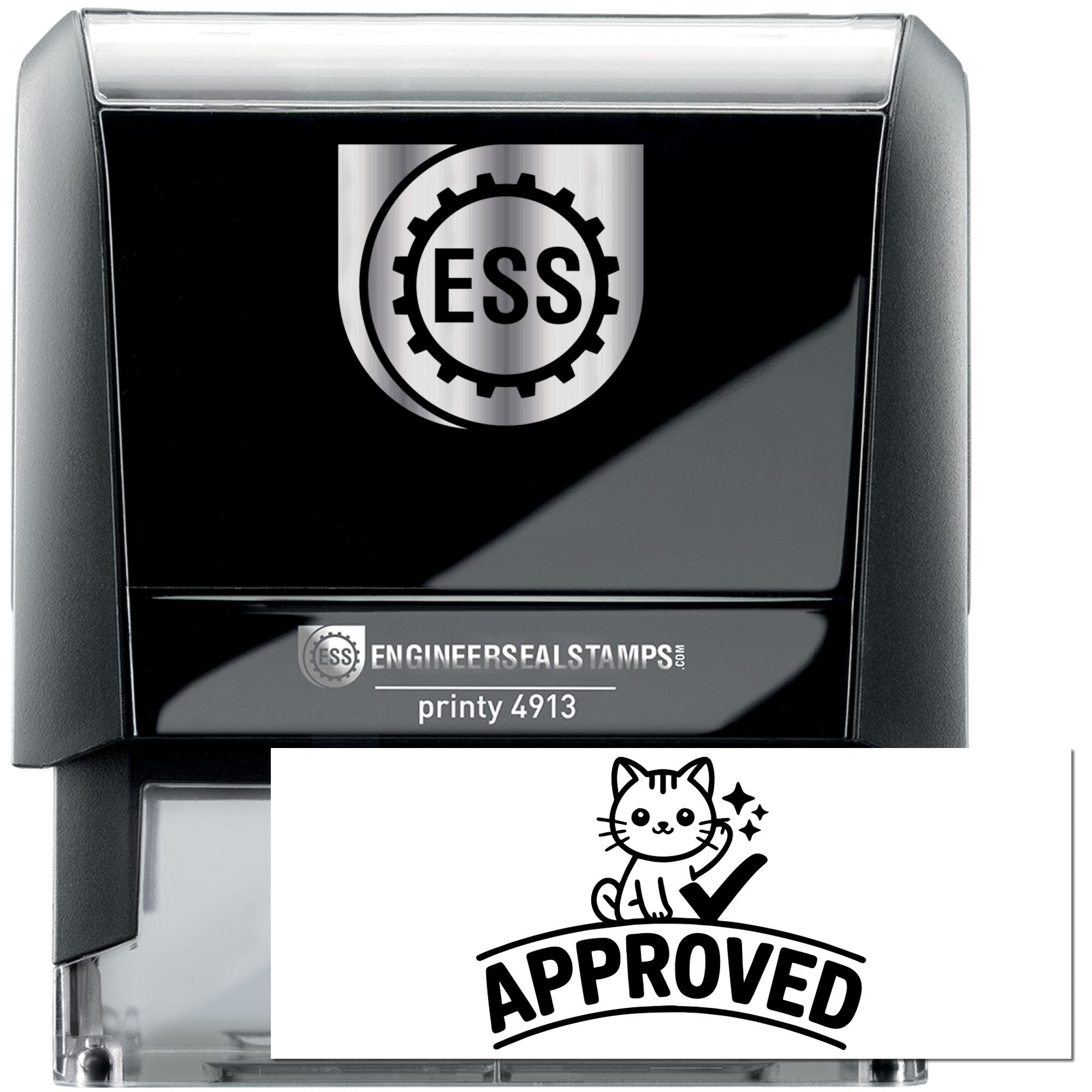 Black and silver self-inking engineer seal stamp with ESS logo and Approved imprint.