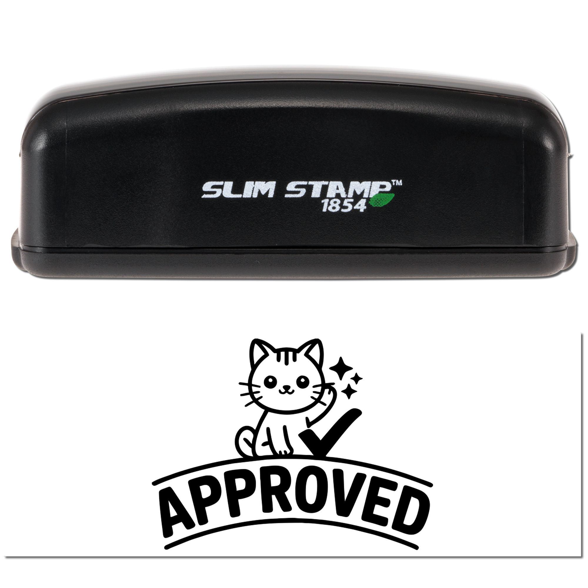 Black Slim Stamp 1854 self-inking stamp with approved cat seal design in bold black and green logo details