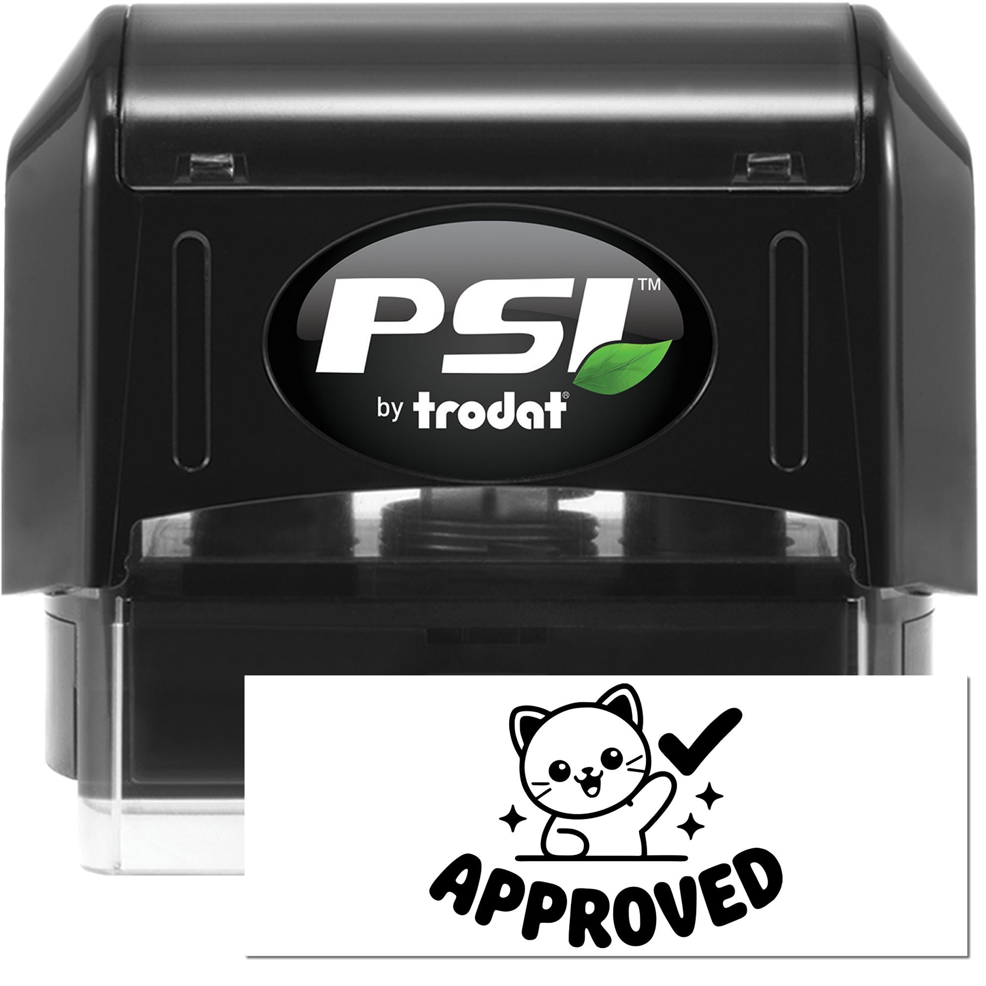 Black PSI by Trodat self-inking stamp and seal with clear base and APPROVED impression