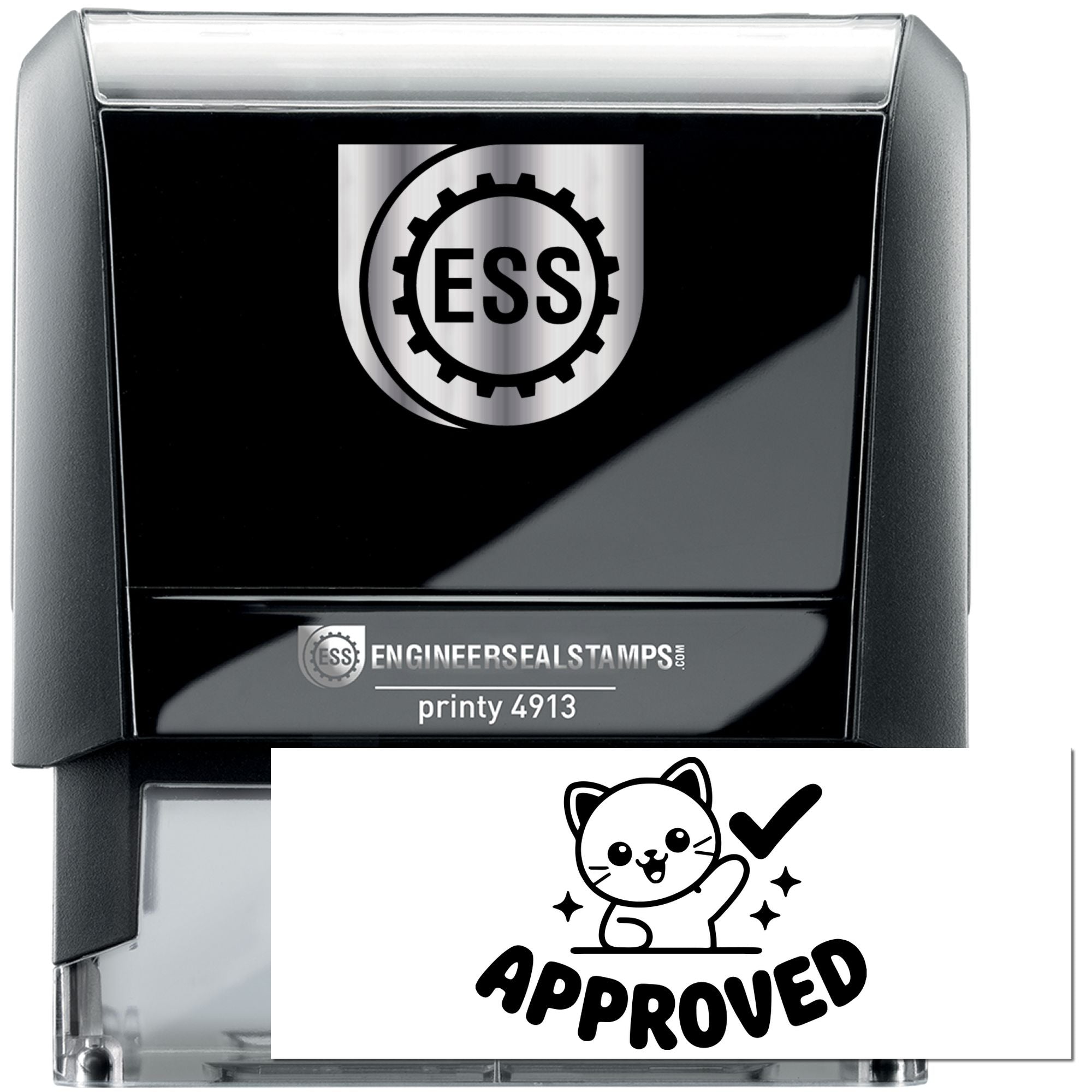 Black ESS engineer seal stamp with silver top, clear base, gear logo, and white APPROVED cat seal.