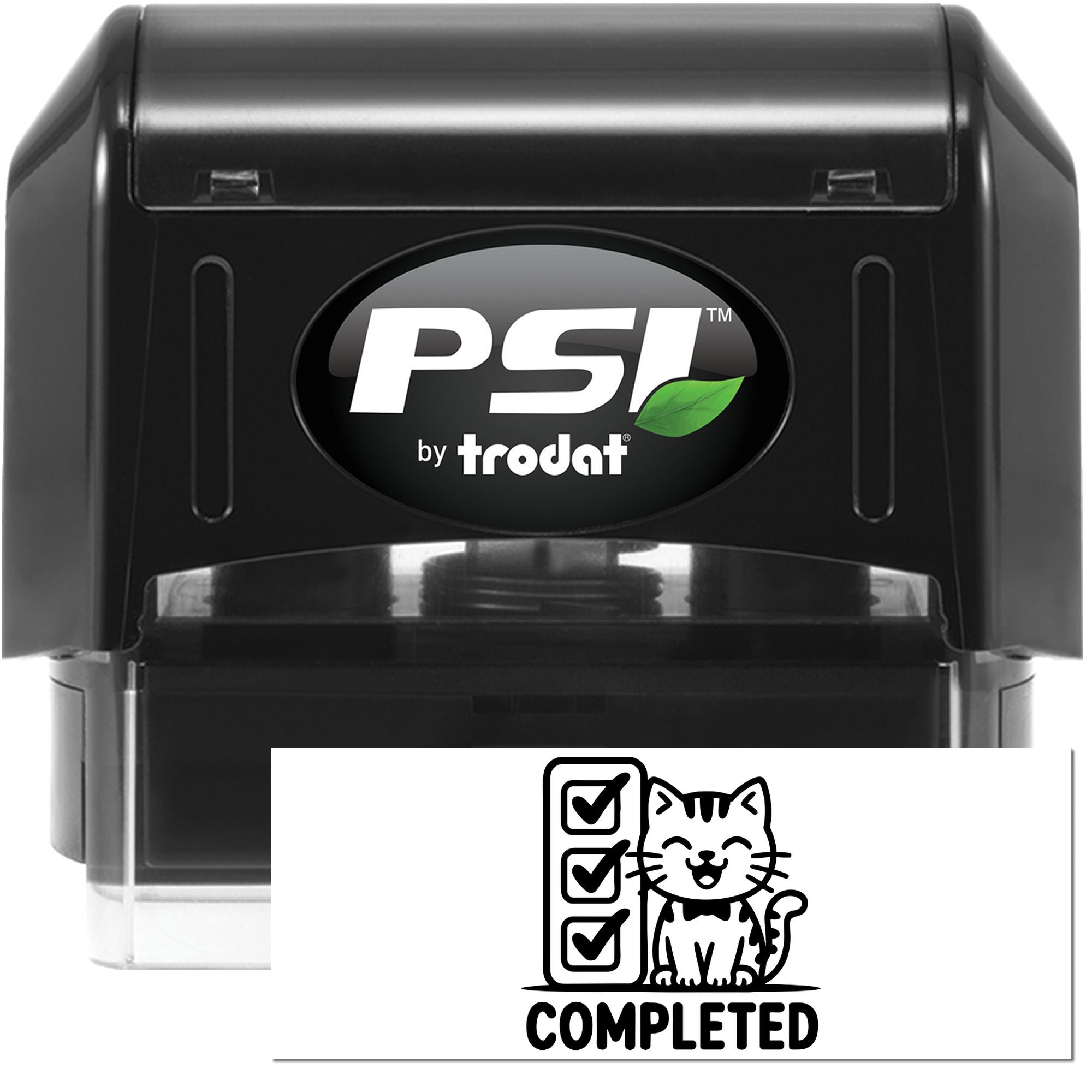 Black PSI by Trodat self-inking stamp and seal with white logo, showing a Completed cat checklist impression.