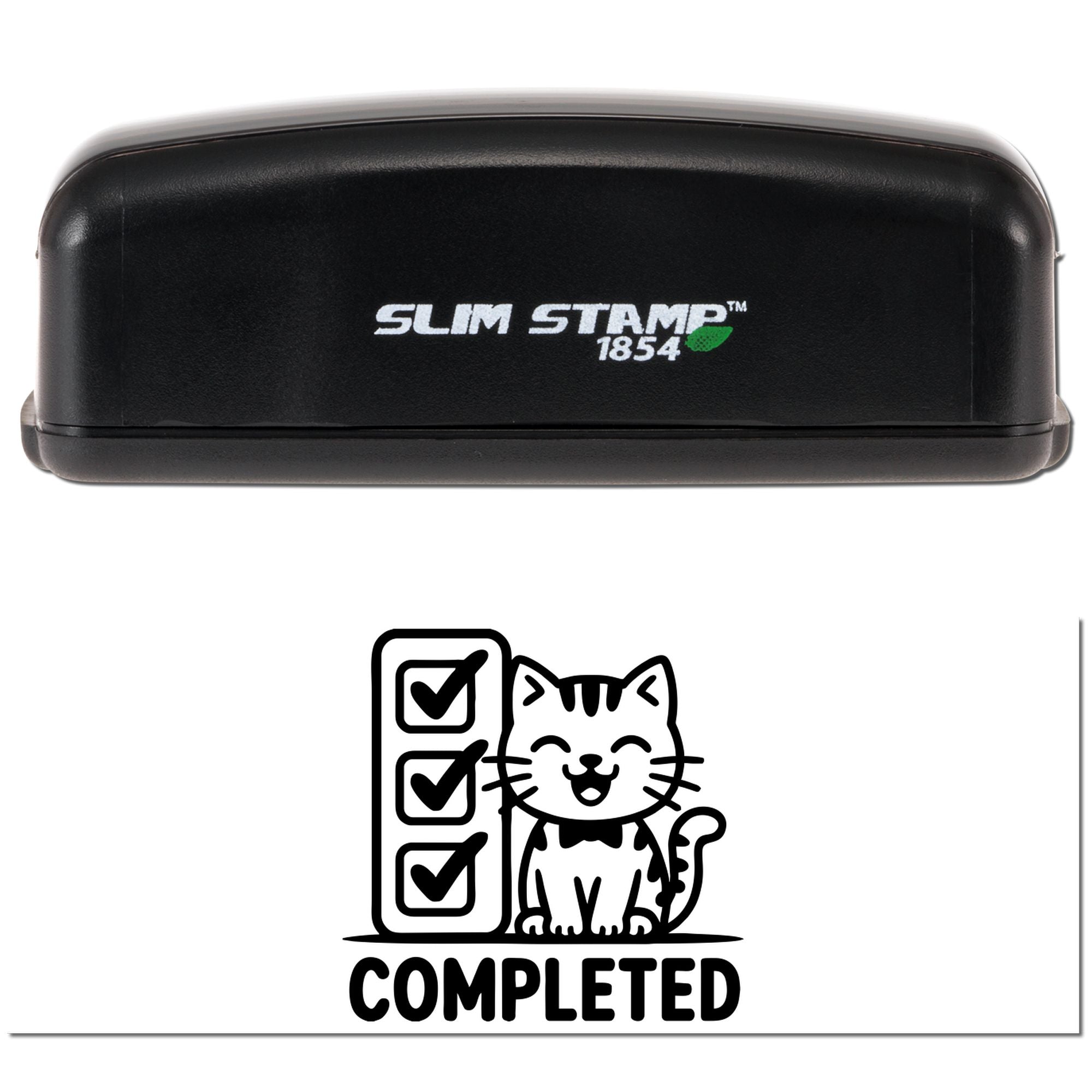 Black Slim Stamp 1854 self-inking stamp with green accent and cat checklist seal reading COMPLETED.