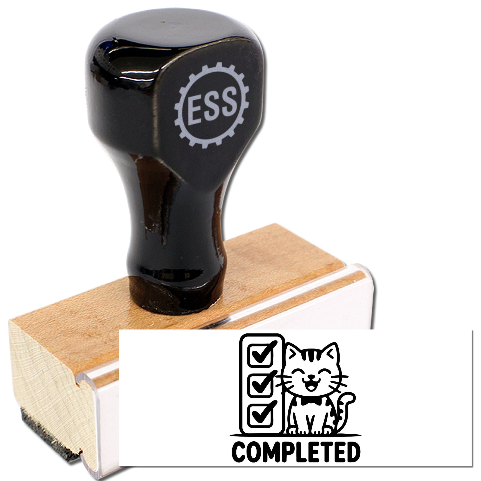 Black rubber stamp and seal with wooden base, cat checklist design, bold COMPLETED text