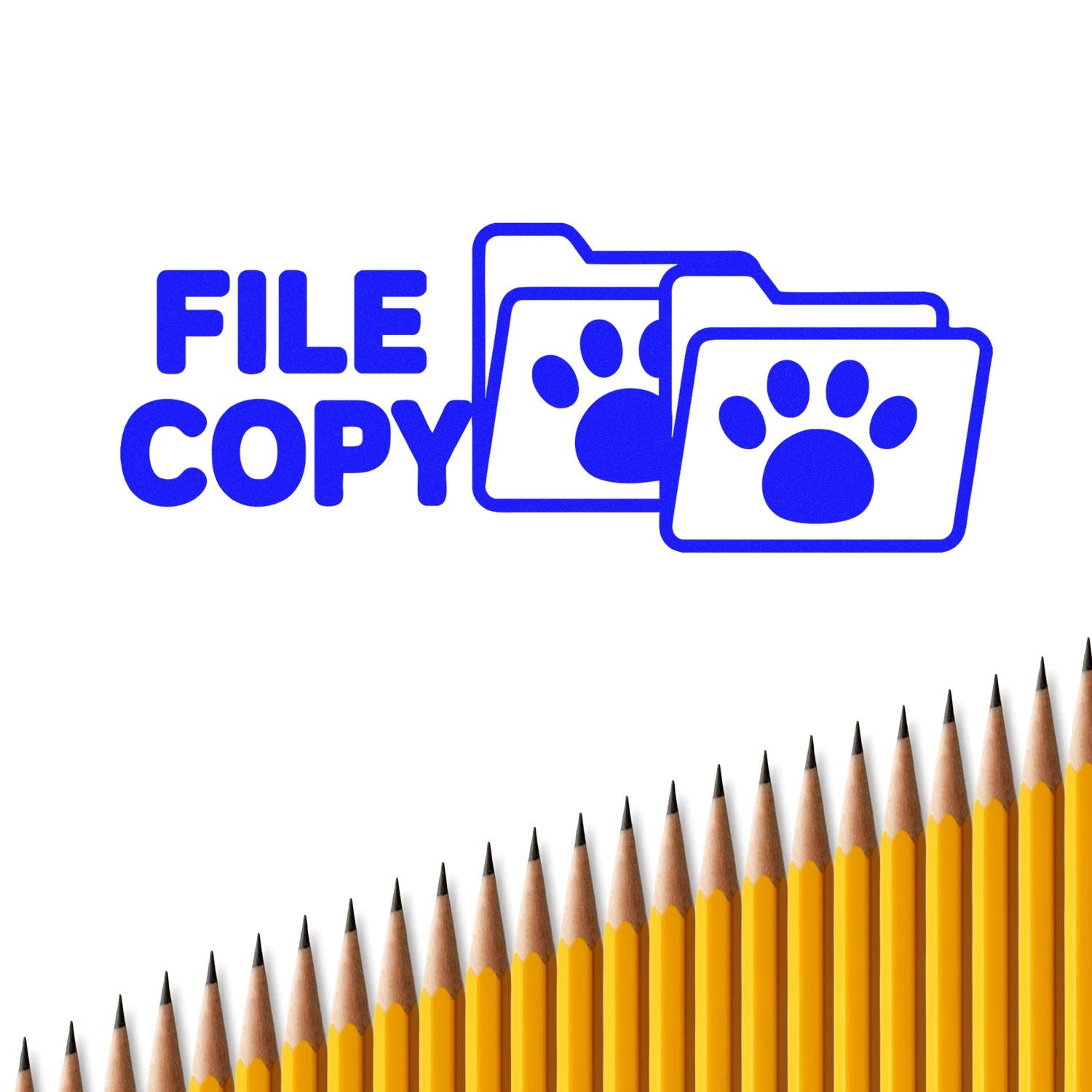 Blue FILE COPY stamp and paw-print seal icons with yellow pencils on white background