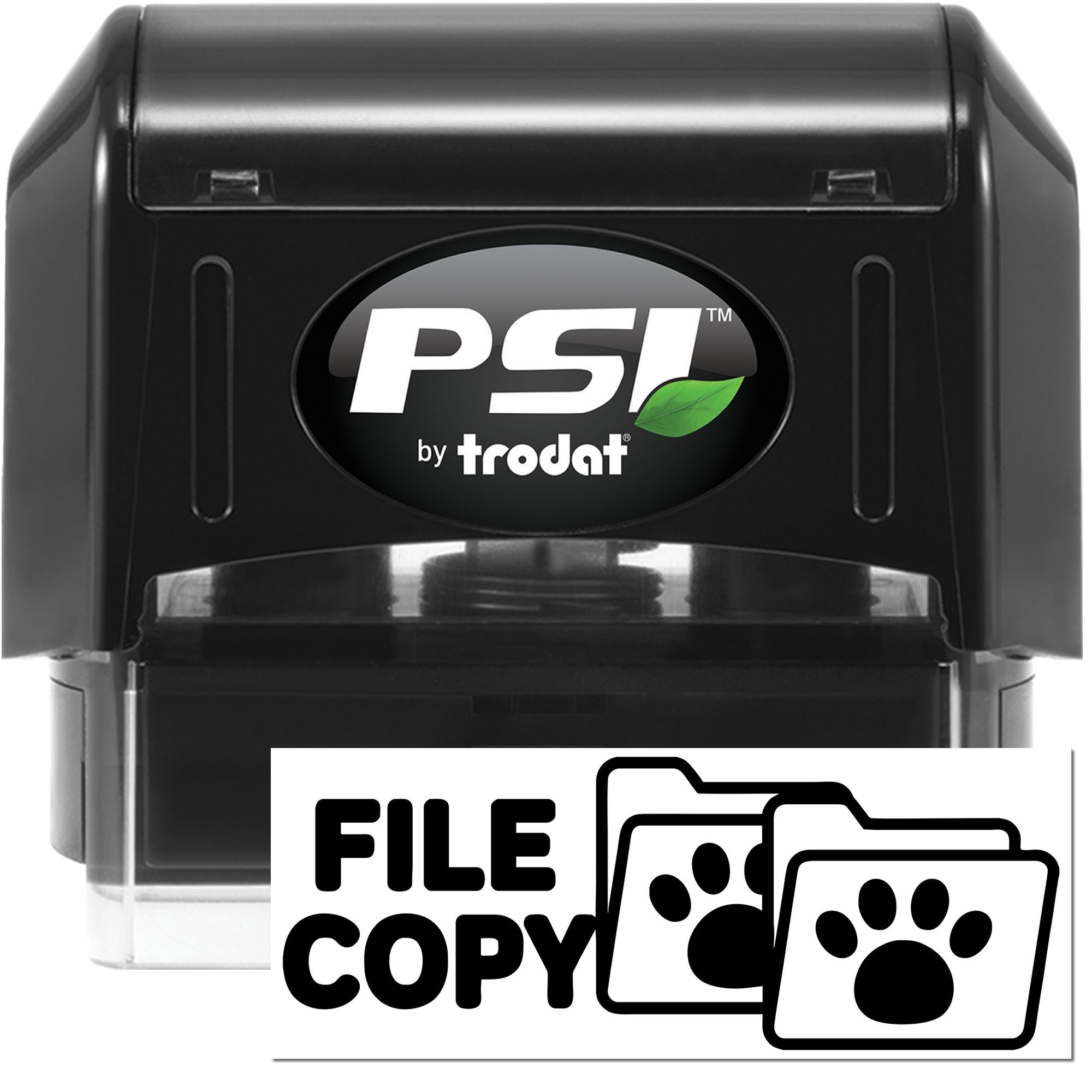 Black PSI by Trodat self-inking file copy stamp and seal with clear base and white paw-print label