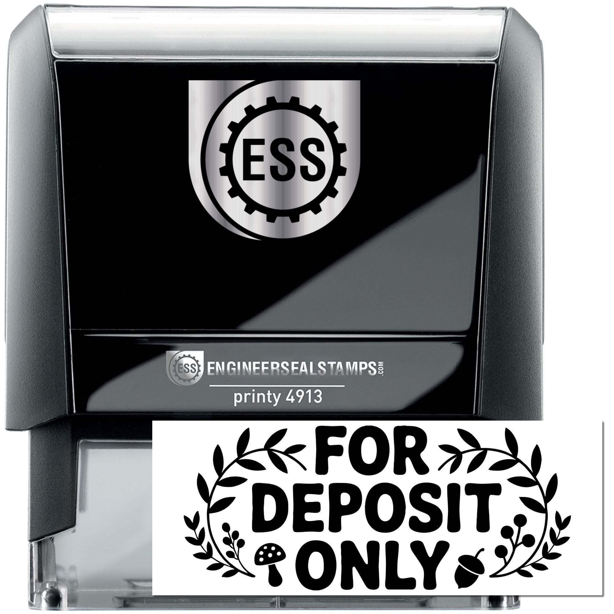 Black and silver self-inking engineer seal stamp with ESS logo and clear FOR DEPOSIT ONLY seal plate.