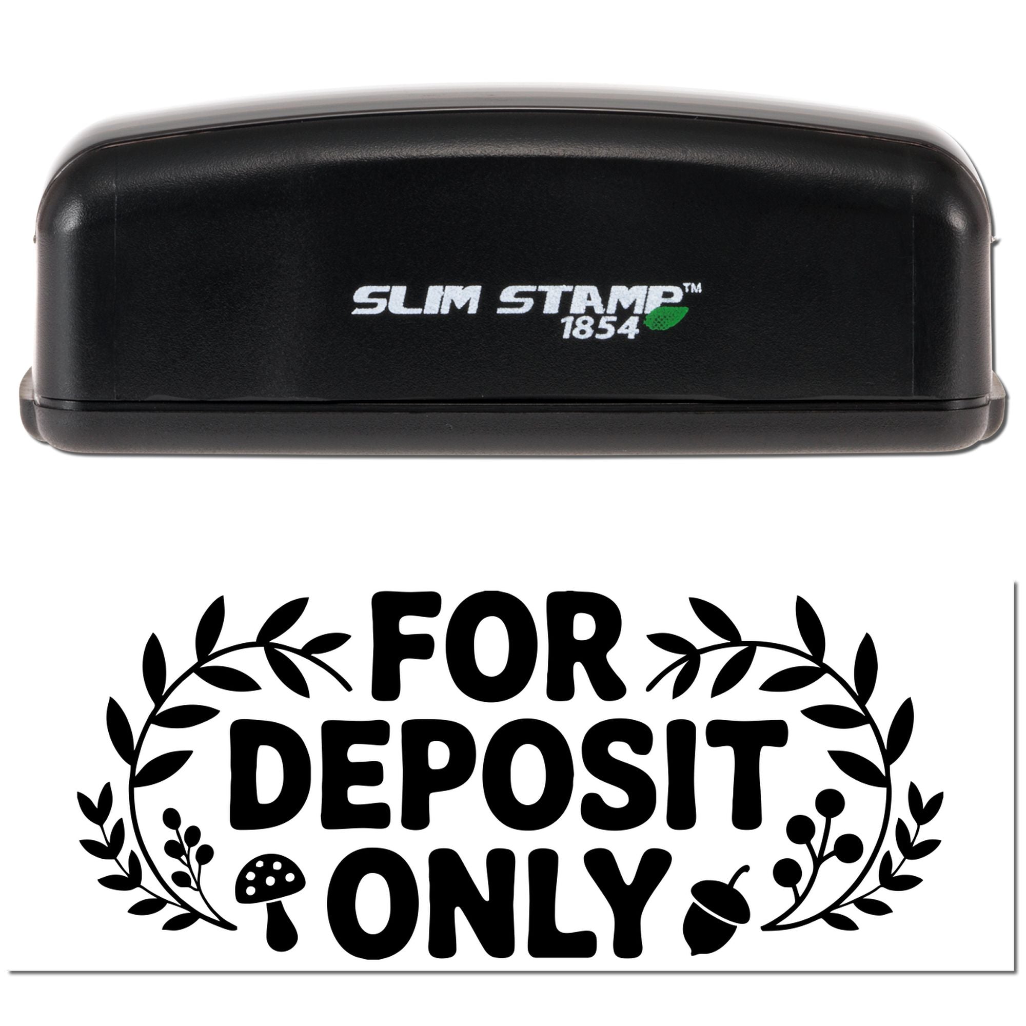 Black Slim Stamp 1854 stamp and seal with FOR DEPOSIT ONLY design and leafy wreath in black on white background.