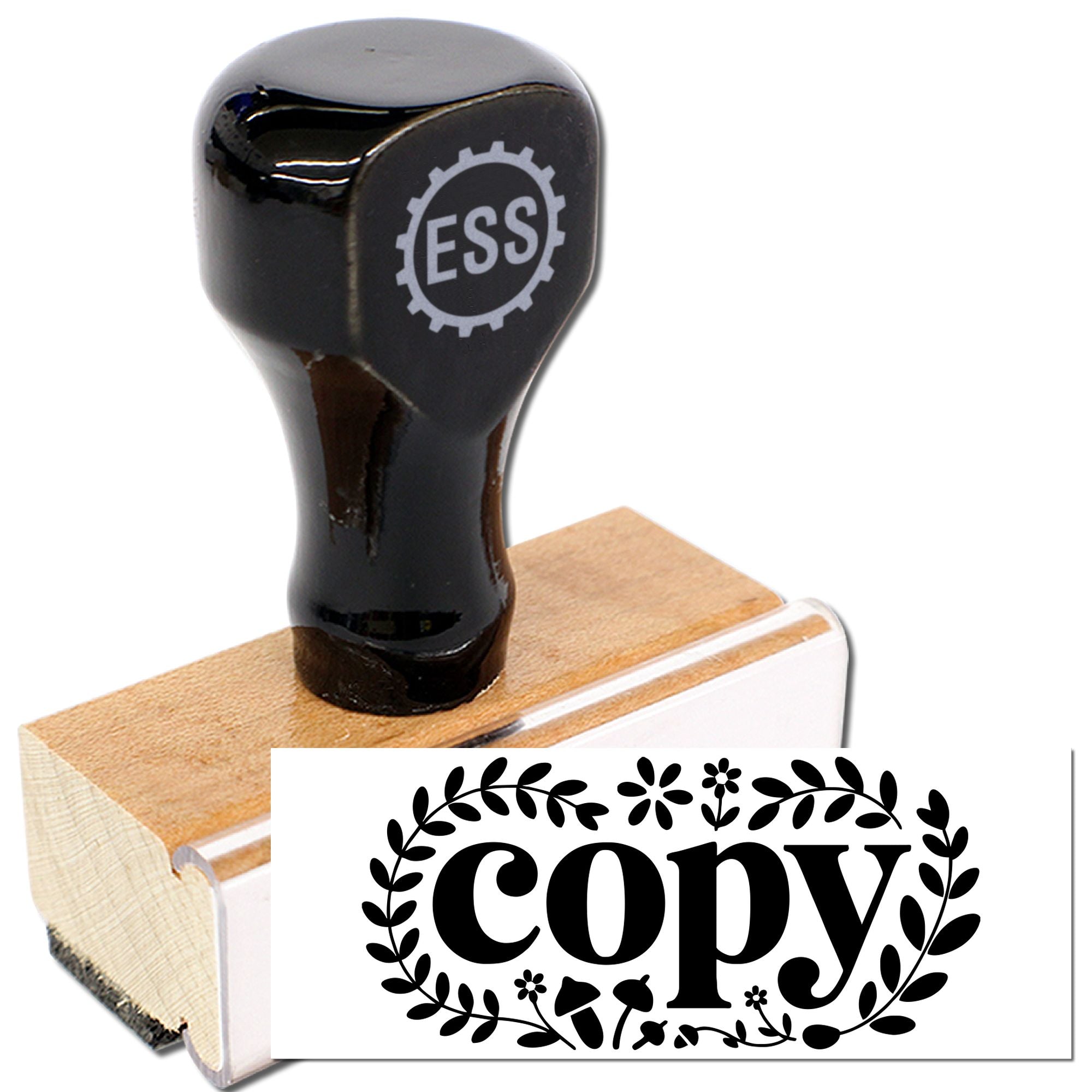 Black stamp and seal handle on wooden base, with white floral copy imprint in bold black letters.
