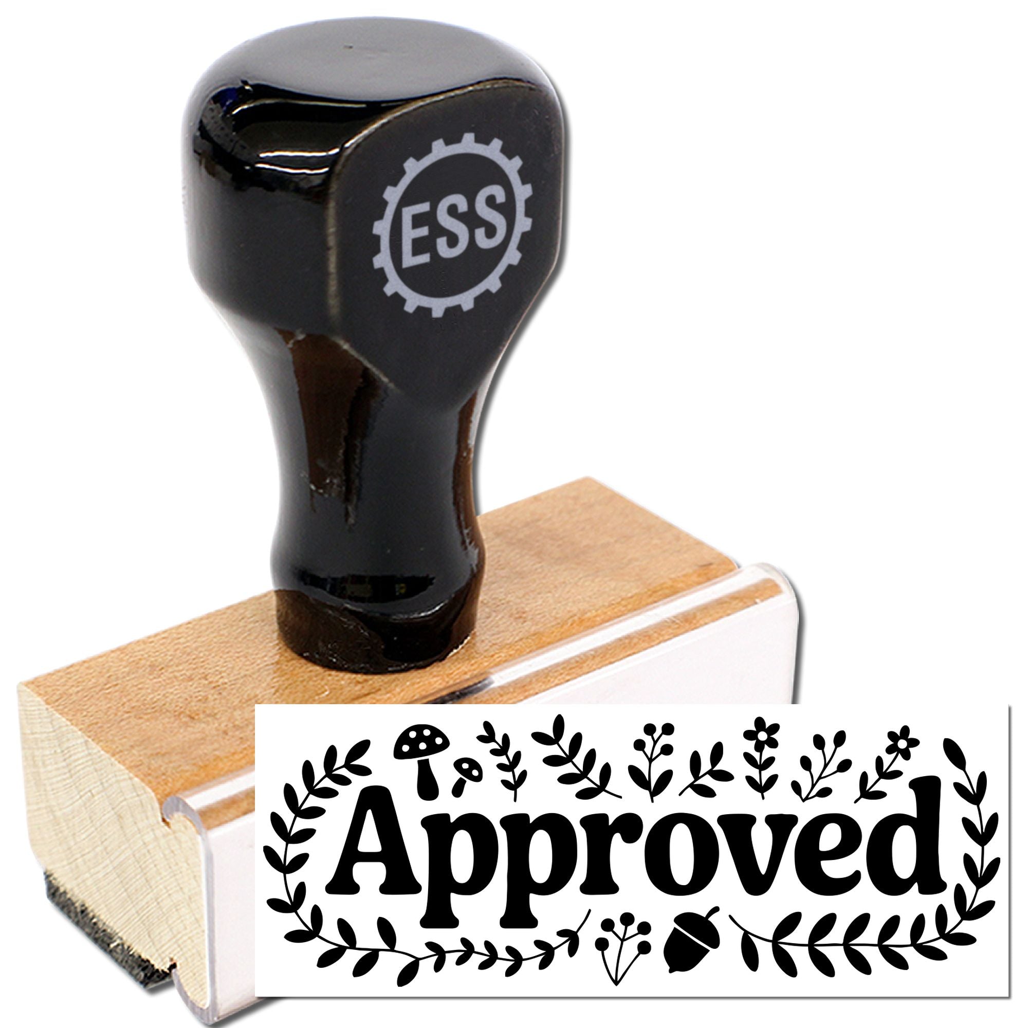 Black rubber stamp and seal tool on wooden base, with Approved floral imprint and ESS logo on white background.