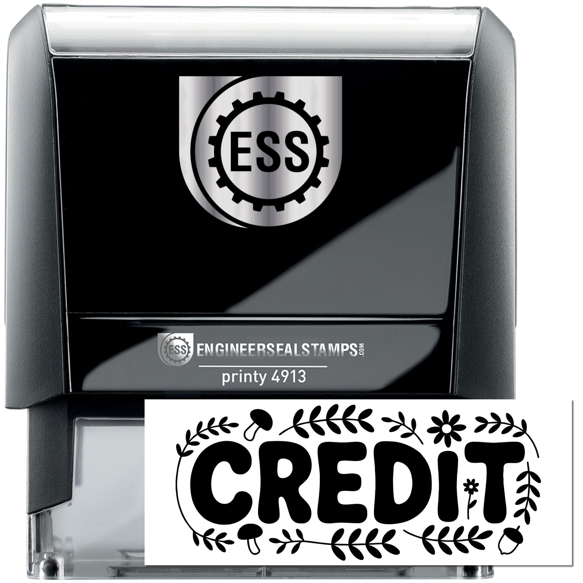 Black and silver ESS self-inking stamp and seal with decorative CREDIT imprint, Printy 4913 model.