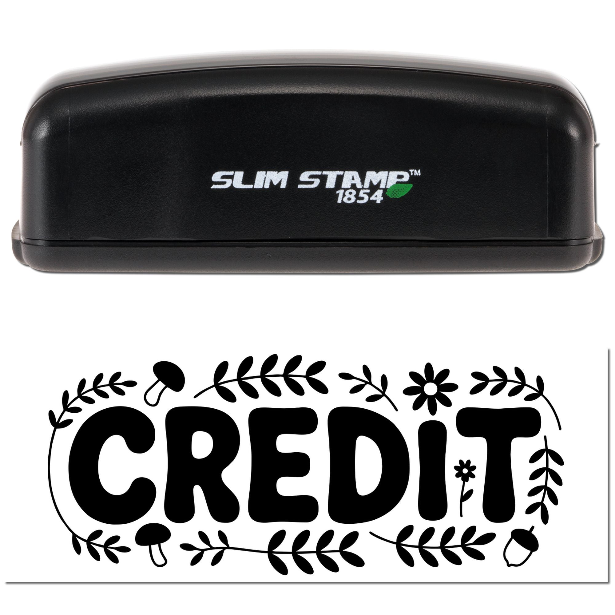 Black Slim Stamp 1854 custom stamp and seal with bold CREDIT lettering and floral leaf border on white background