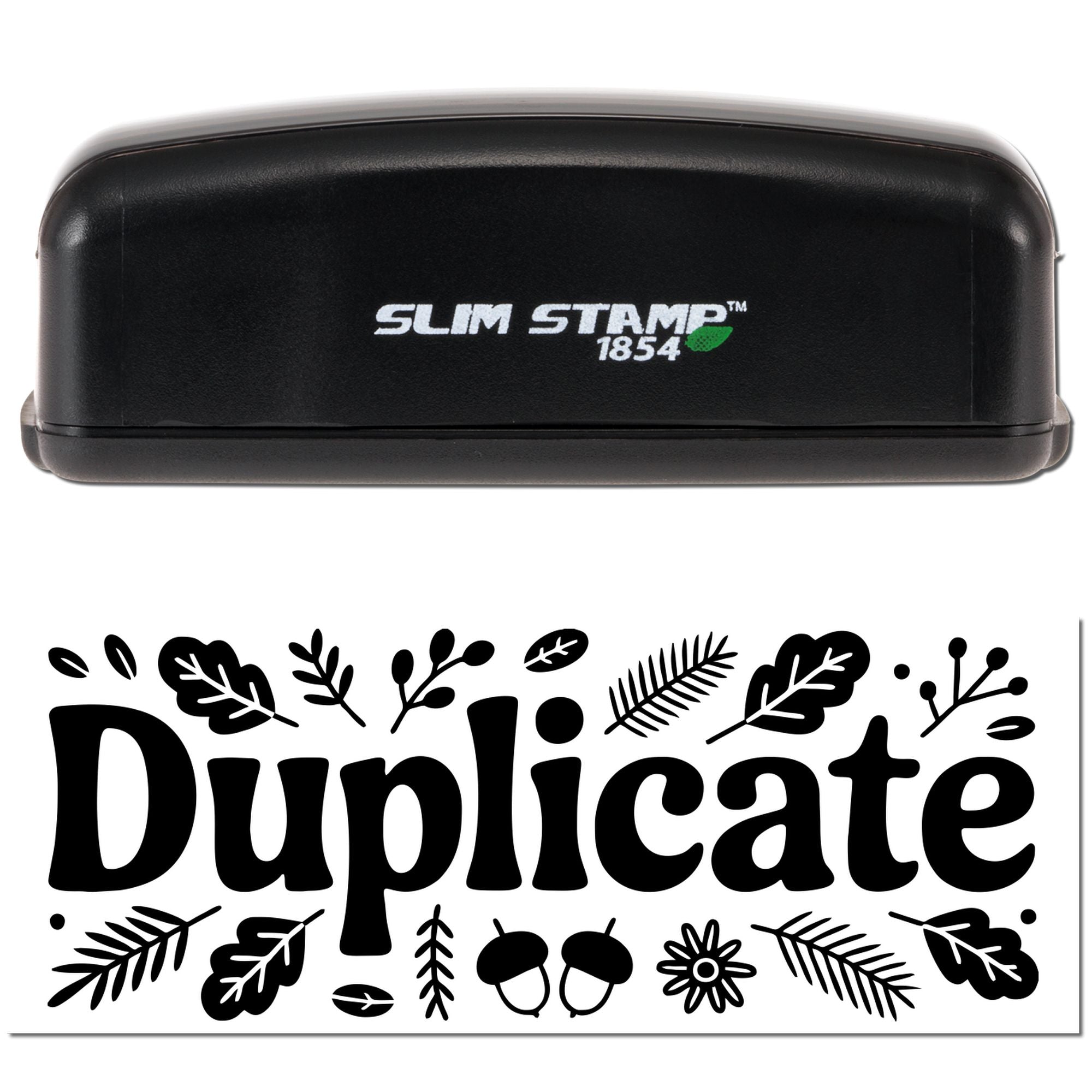 Black Slim Stamp 1854 with green leaf logo and decorative Duplicate seal featuring black leaf and acorn border.