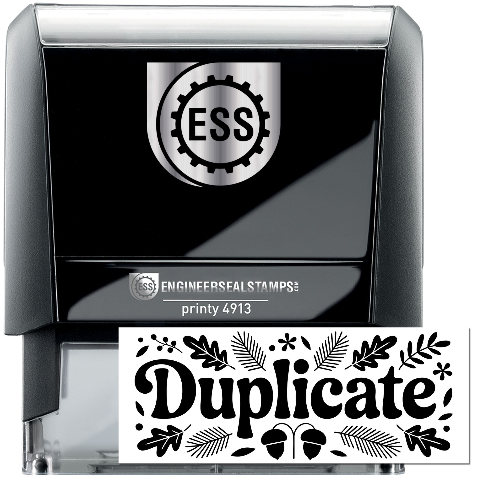 Black self-inking ESS stamp and seal set with silver case, gear logo, and decorative Duplicate seal design.
