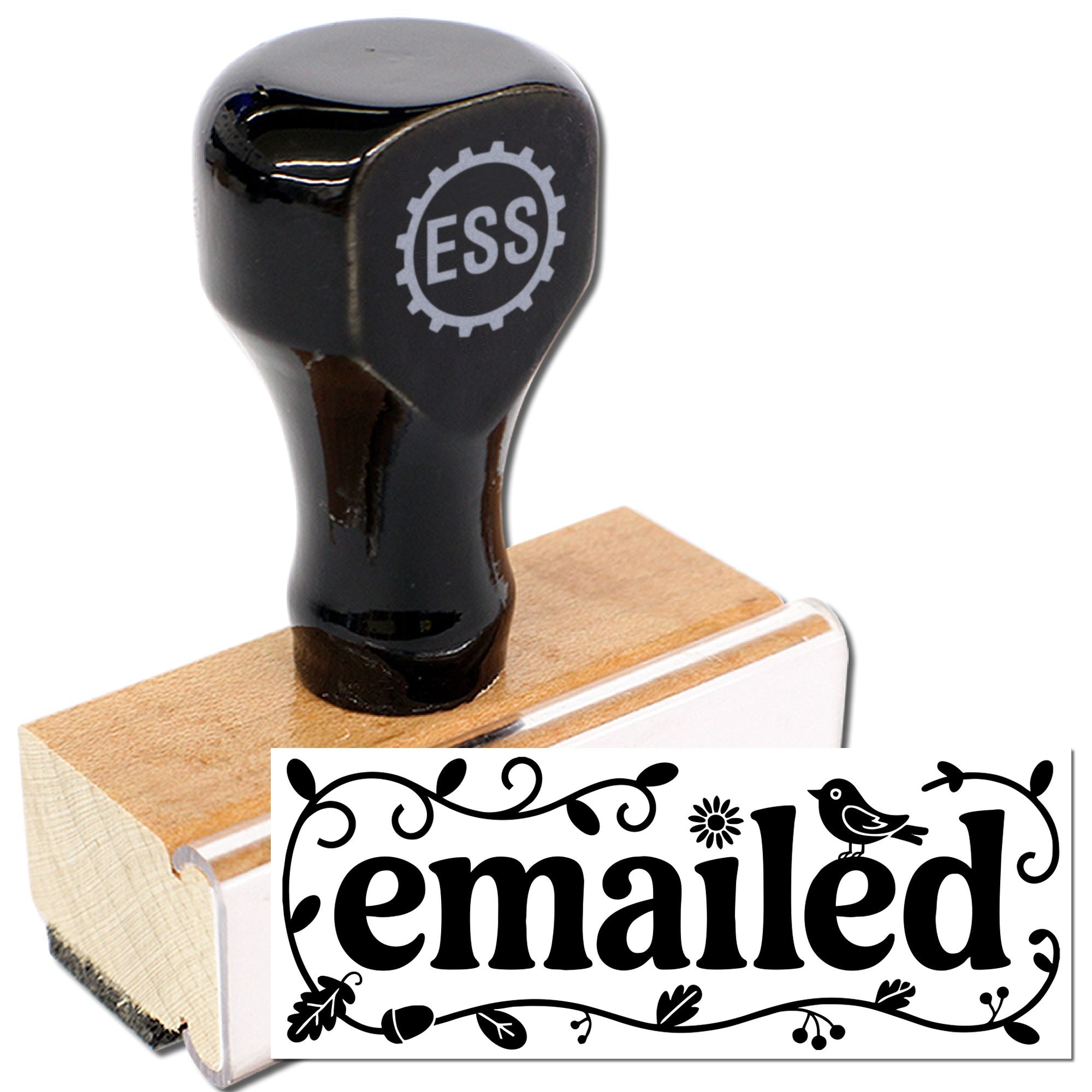 Black rubber stamp and seal with wooden handle, showing decorative emailed imprint in bold black on white.