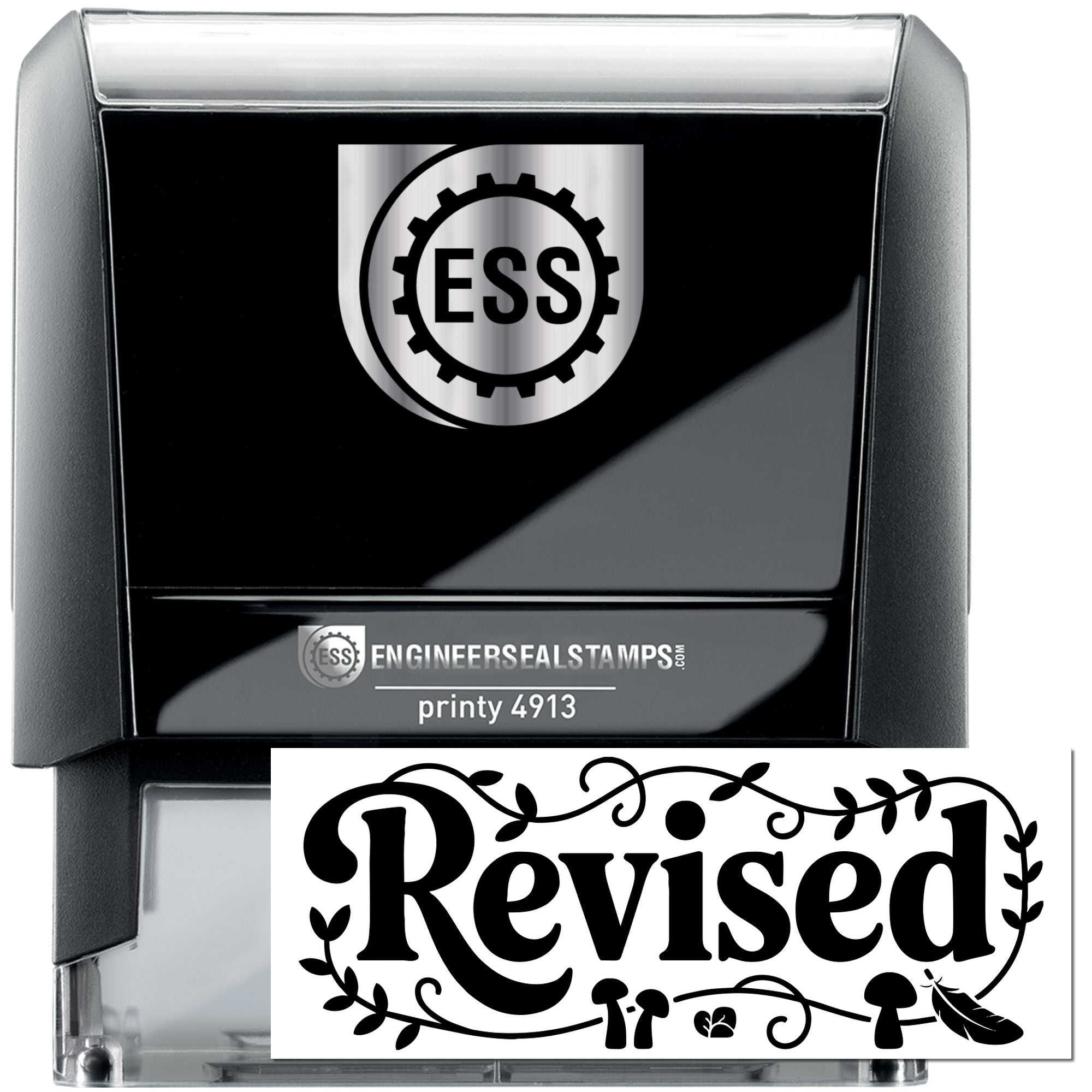 Black self-inking engineer seal stamp with silver ESS logo and bold Revised seal imprint.