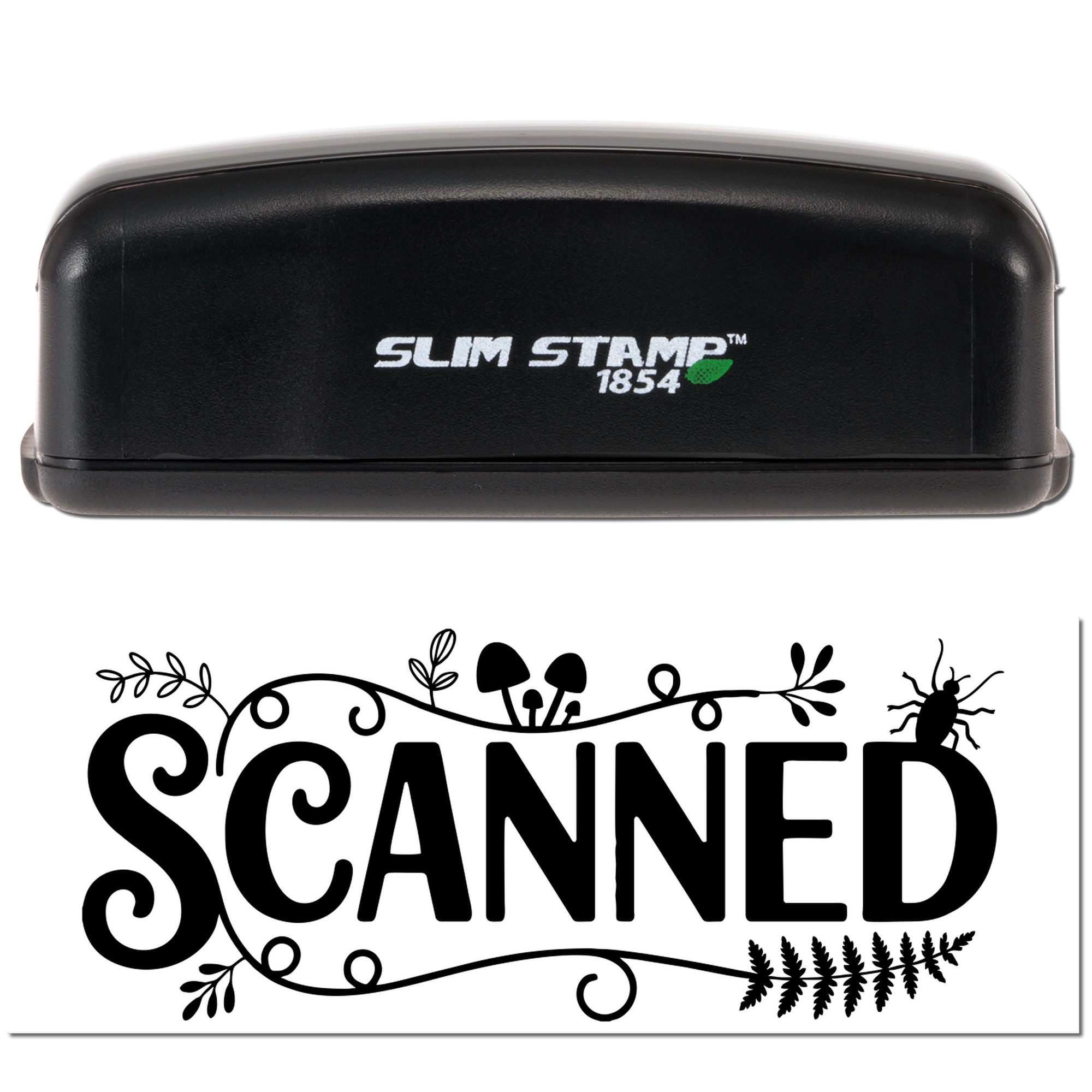 Black Slim Stamp 1854 self-inking stamp with decorative black SCANNED seal impression on white background.