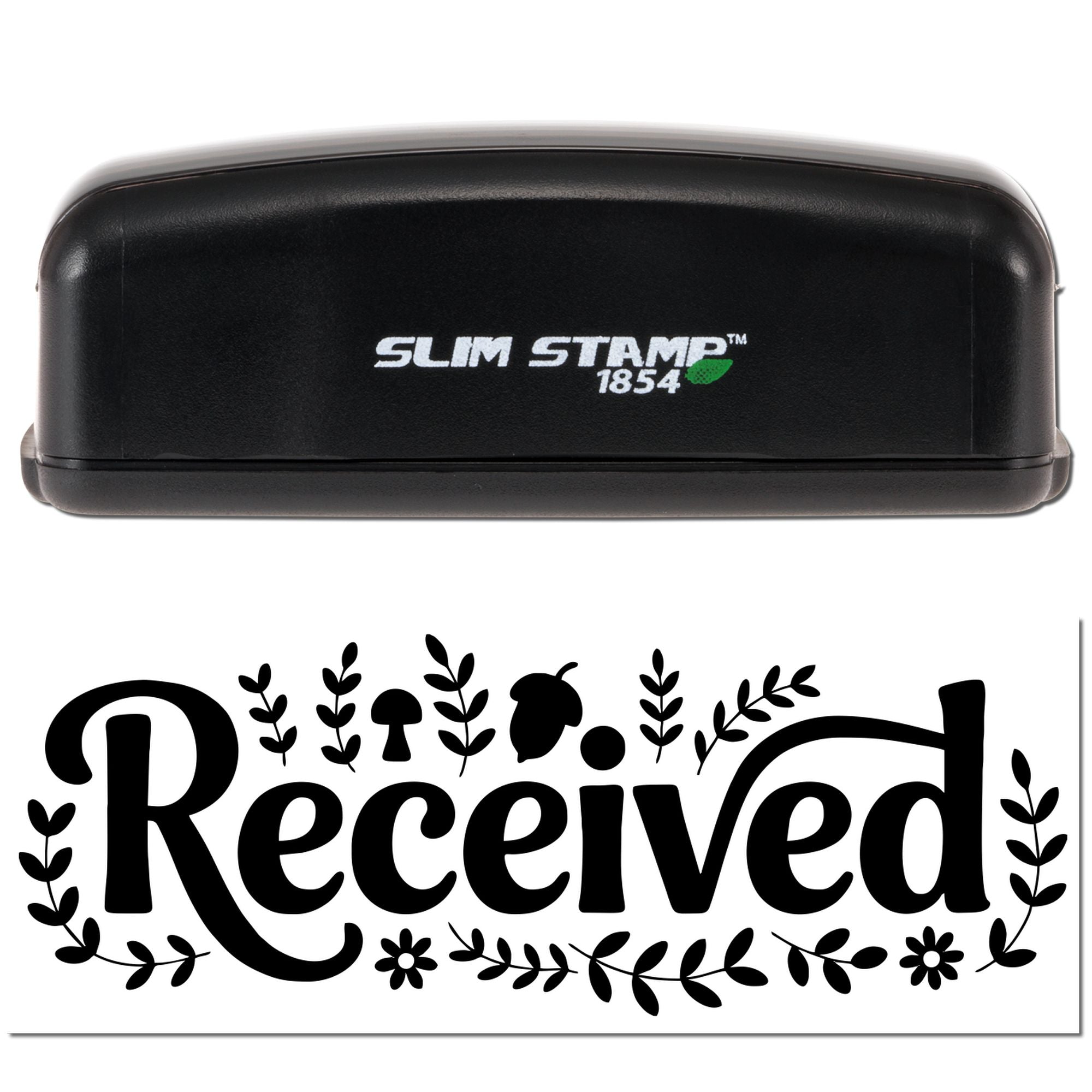 Black Slim Stamp 1854 self-inking stamp with decorative Received seal impression in black on white.