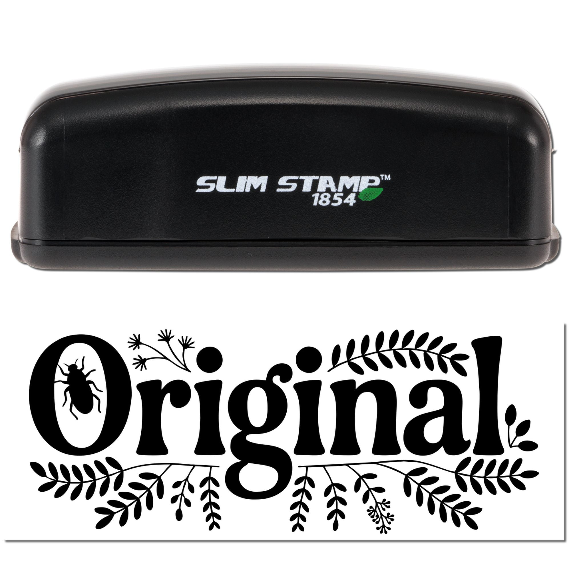 Black Slim Stamp 1854 self-inking stamp with decorative floral Original seal impression and bug icon.