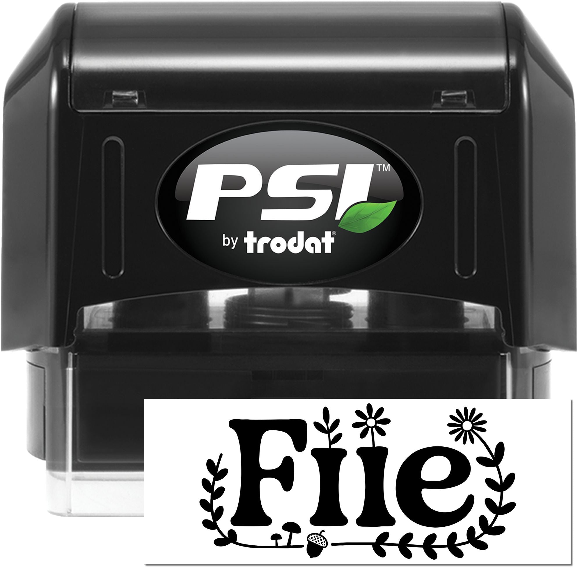Black PSI by Trodat self-inking stamp with clear base, showing a white floral seal design and logo.