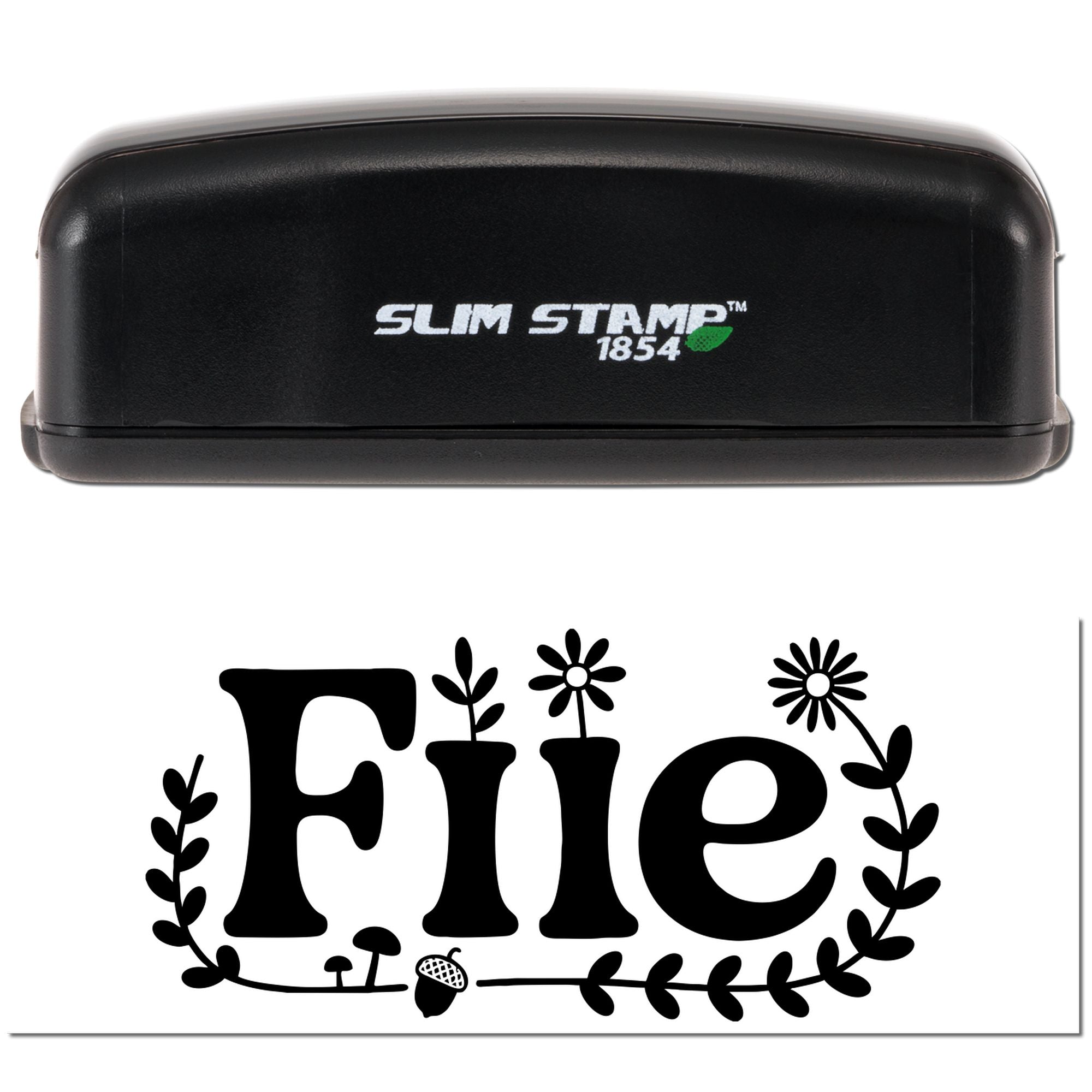 Black Slim Stamp 1854 stamp and seal with white logo and decorative black floral Elie design on a white background.