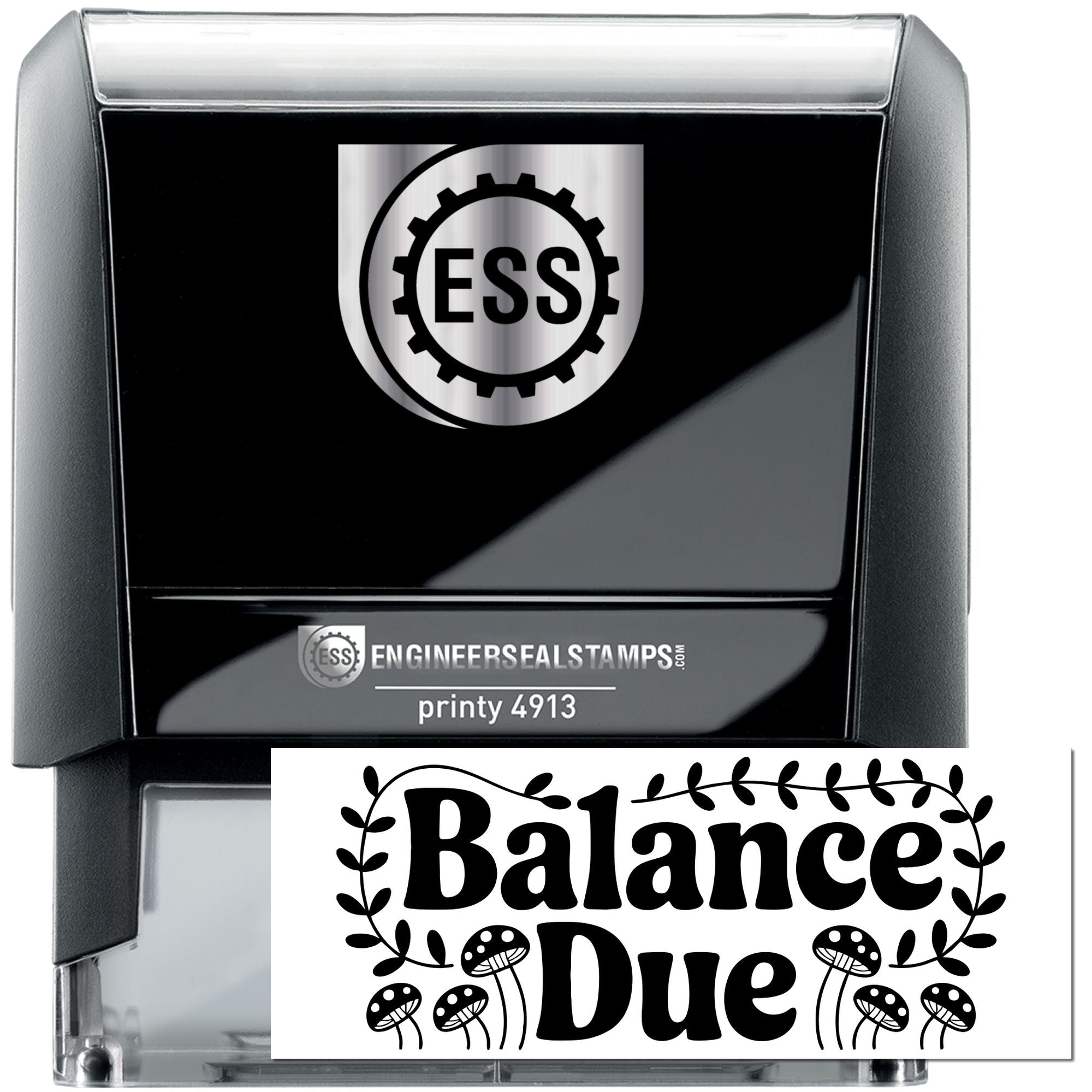 Black self-inking ESS seal stamp with silver accents and custom Balance Due imprint design