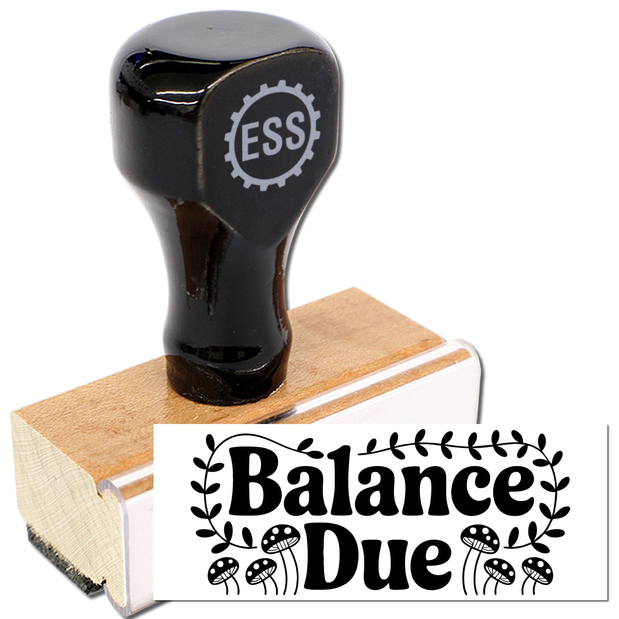 Black rubber stamp and seal on a wooden mount with ESS logo and bold Balance Due design in black and white.