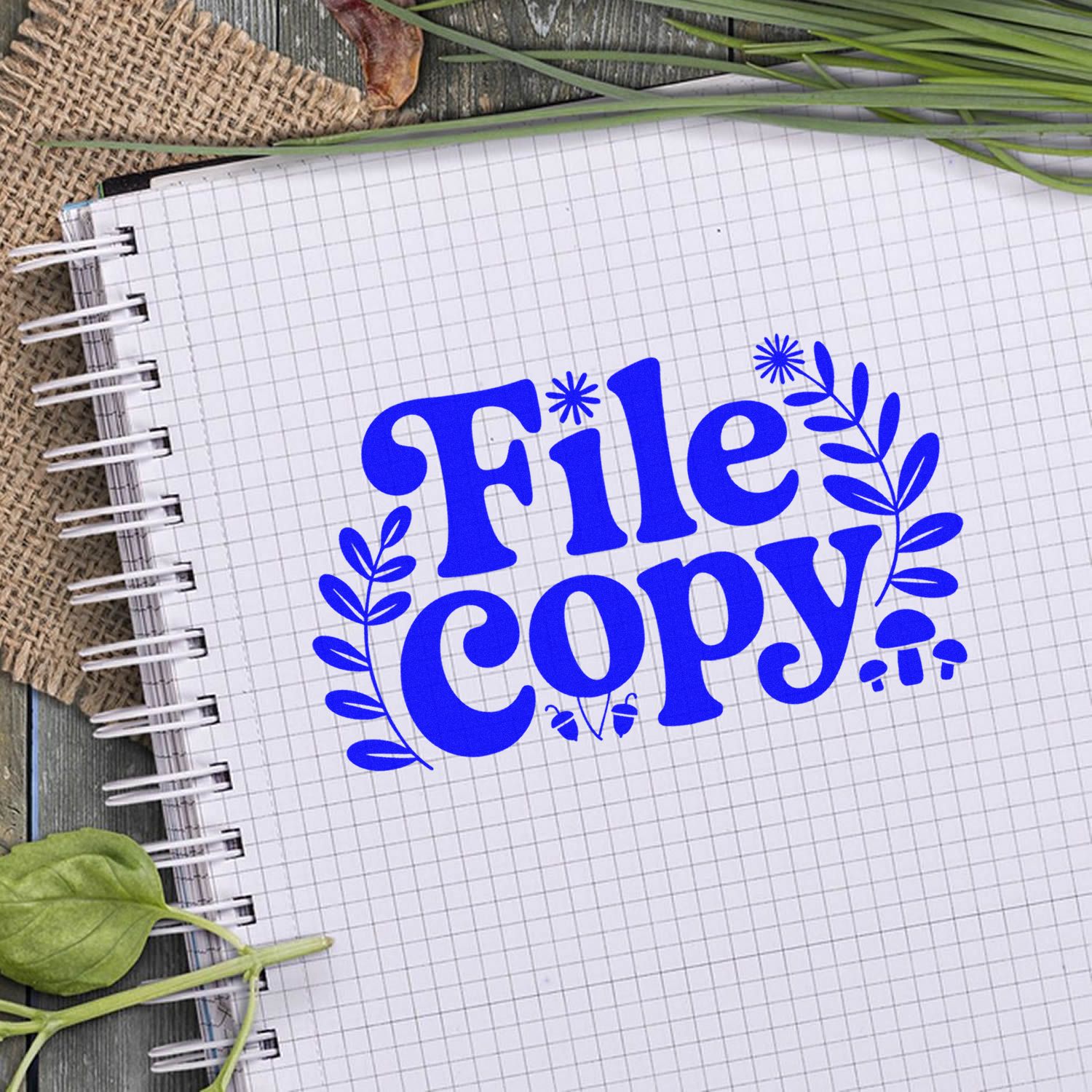 Bright blue File Copy stamp and seal design with leafy accents on a grid notebook page