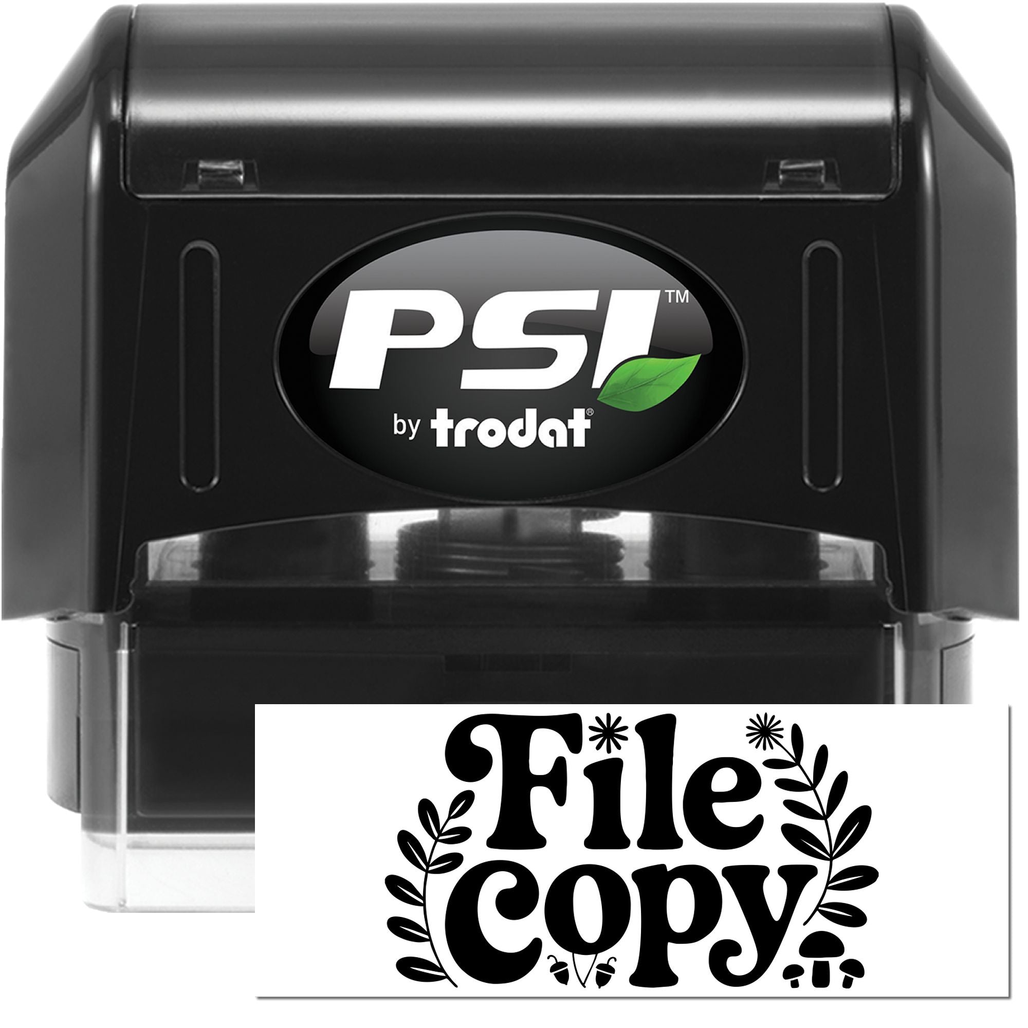 Black PSI by Trodat self-inking stamp and seal, with green leaf logo and File Copy imprint on a white background.