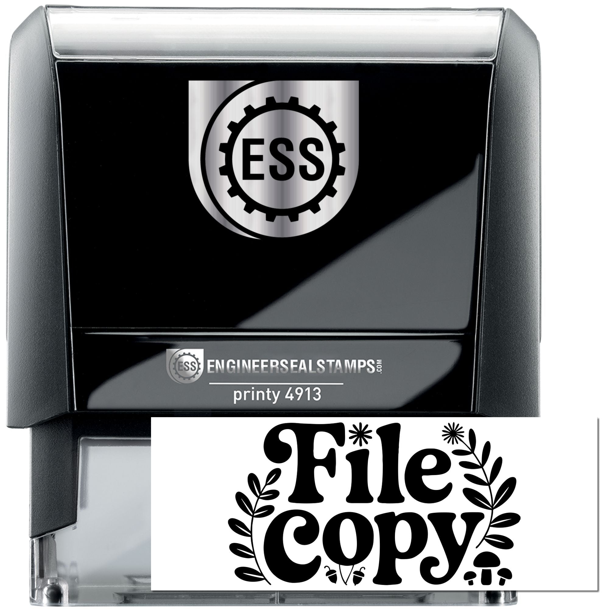 Black and silver self-inking stamp and seal set with ESS logo and File copy mark