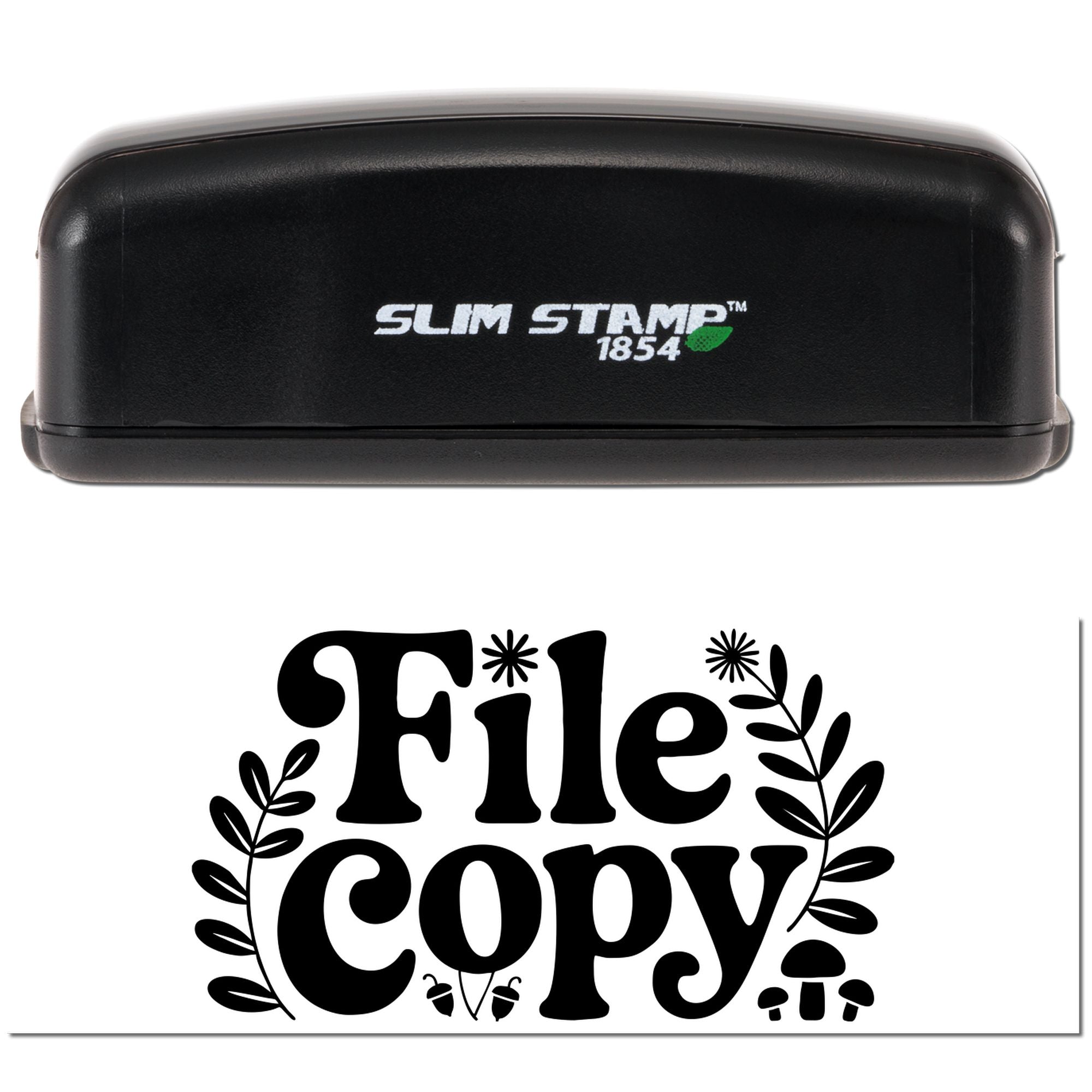 Black Slim Stamp 1854 self-inking stamp with decorative File Copy seal impression and leaf accents.