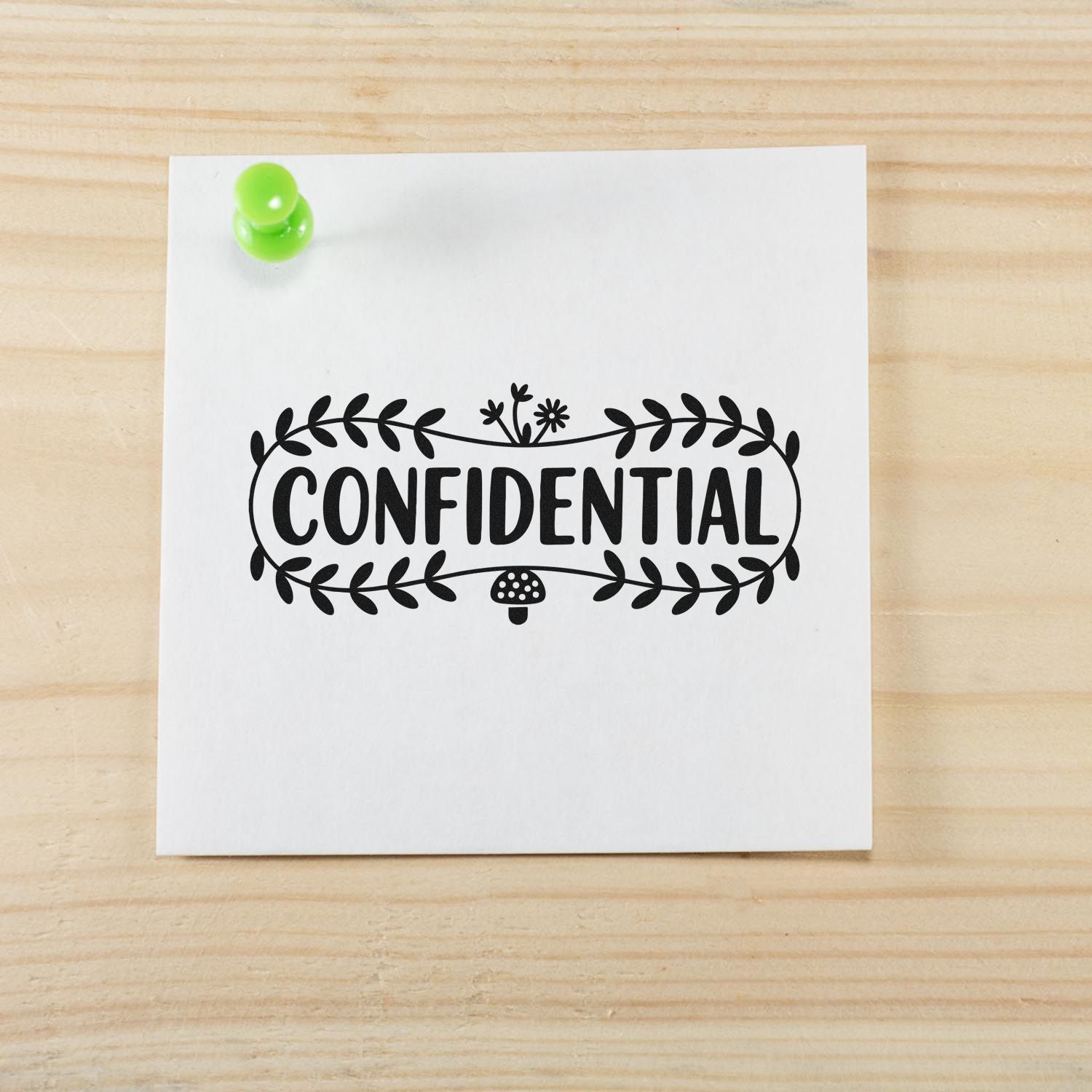 Black CONFIDENTIAL decorative stamp seal on white paper, pinned with a green pushpin on a light wood background.