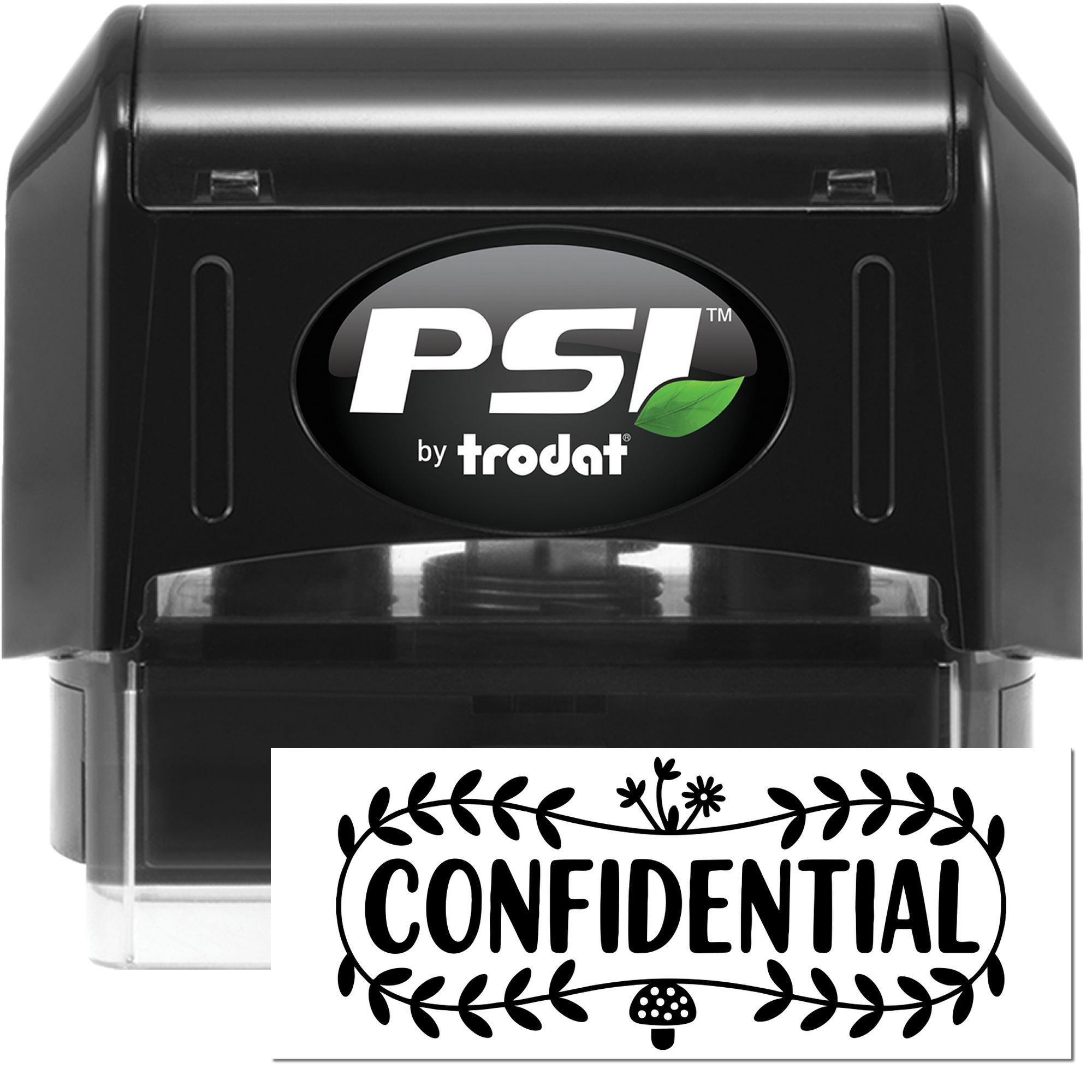 Black PSI by Trodat self-inking stamp with green leaf logo and CONFIDENTIAL seal design on white background