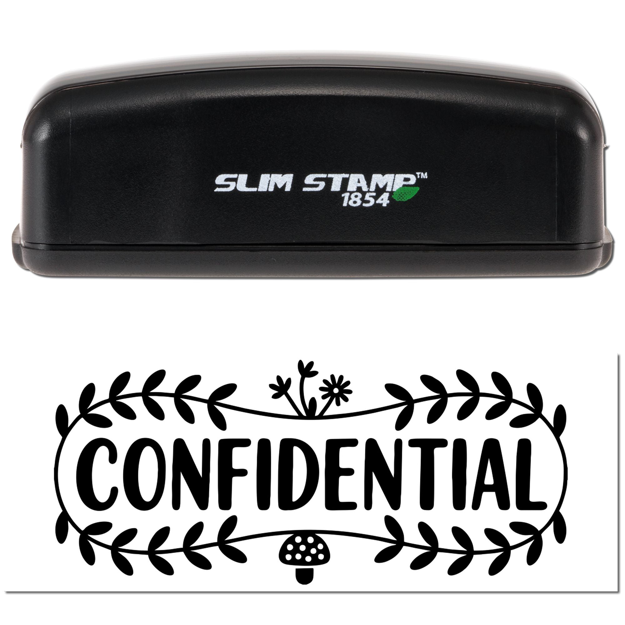 Black Slim Stamp 1854 self-inking stamp with green logo above a decorative black CONFIDENTIAL seal on white.