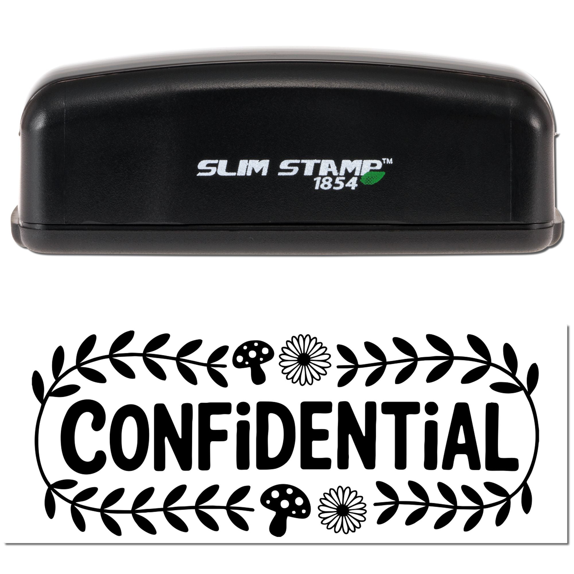 Black Slim Stamp 1854 stamp and decorative CONFIDENTIAL seal, with green leaf logo, on a white background.