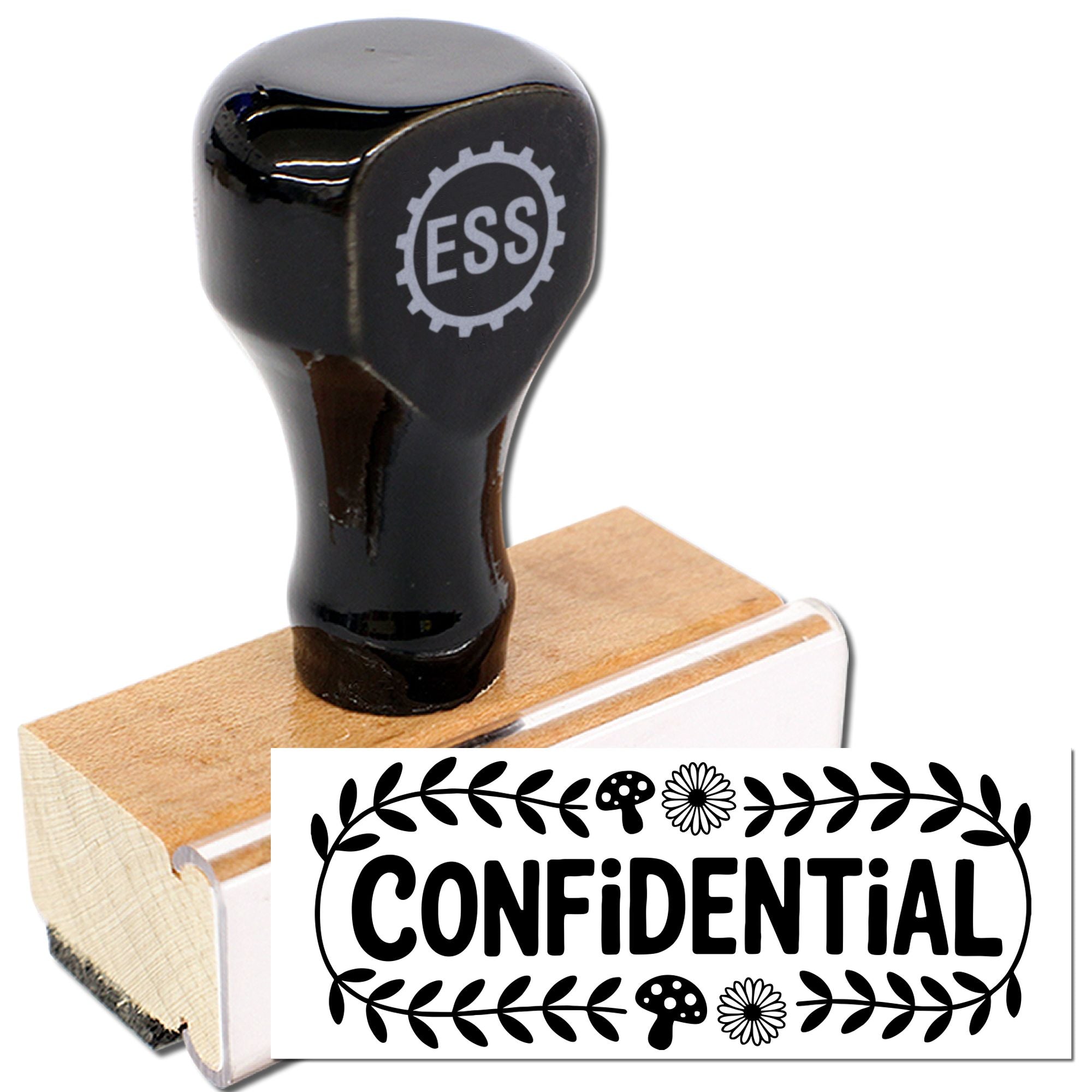 Black wooden rubber stamp with ESS logo, plus decorative CONFIDENTIAL seal graphic in black and white.