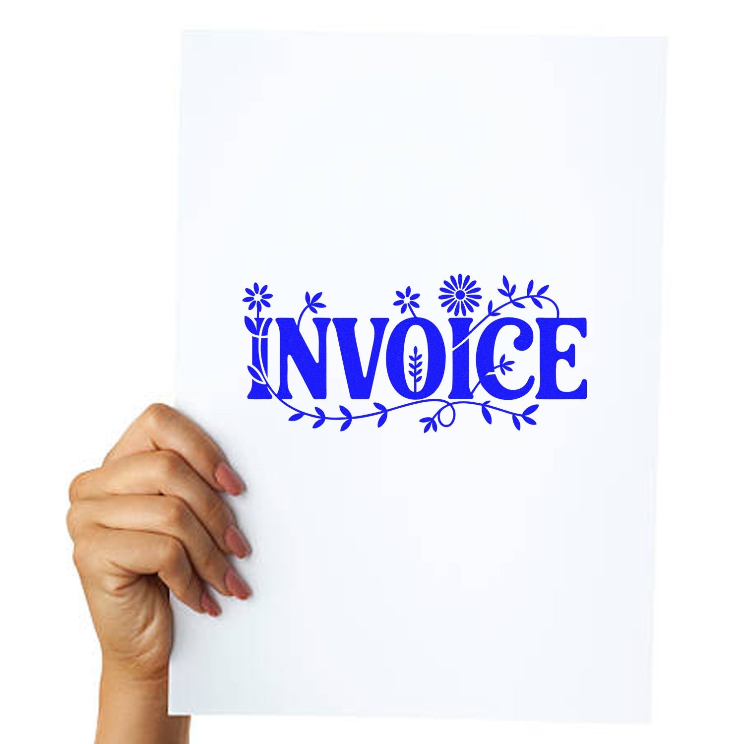 Blue floral INVOICE stamp and seal on white sheet held by hand