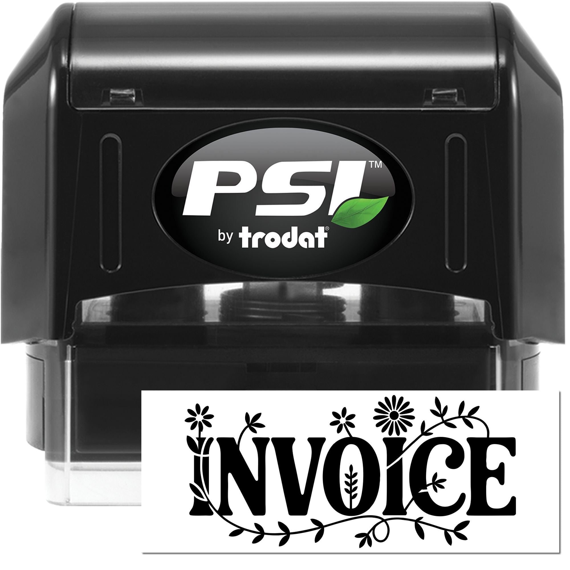Black PSI by Trodat self-inking stamp and seal with white INVOICE imprint and clear cover