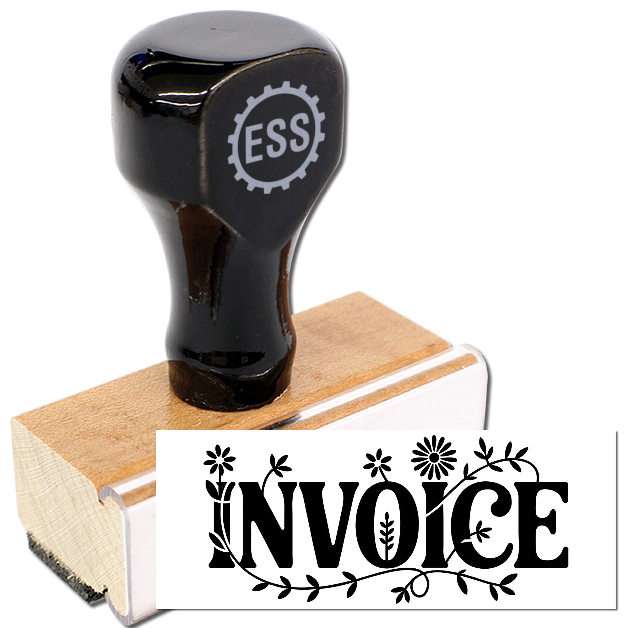 Black ESS rubber stamp on wood base beside white invoice seal with floral black lettering