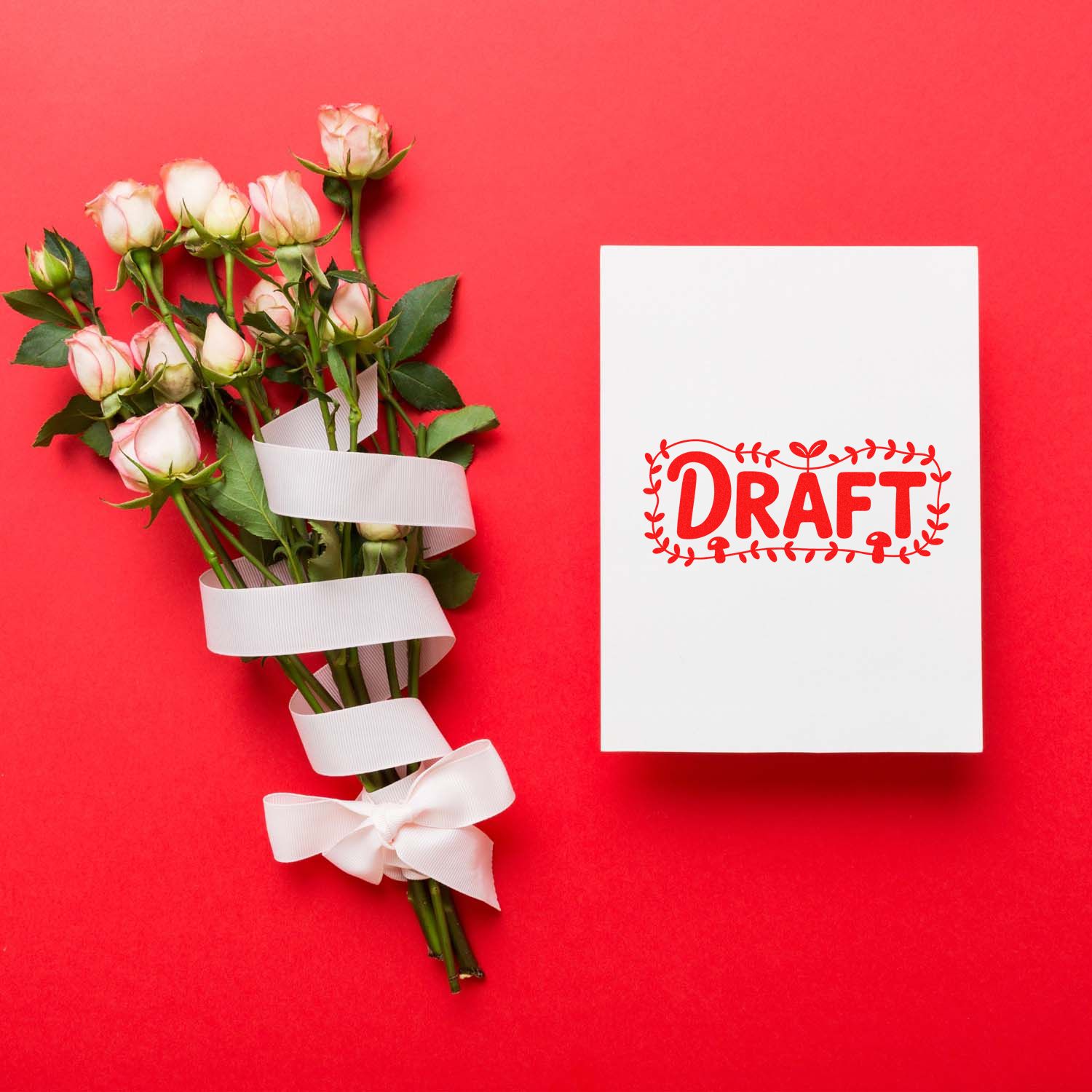Pink roses wrapped with white ribbon beside a white card marked with a red DRAFT stamp seal on a bright red background