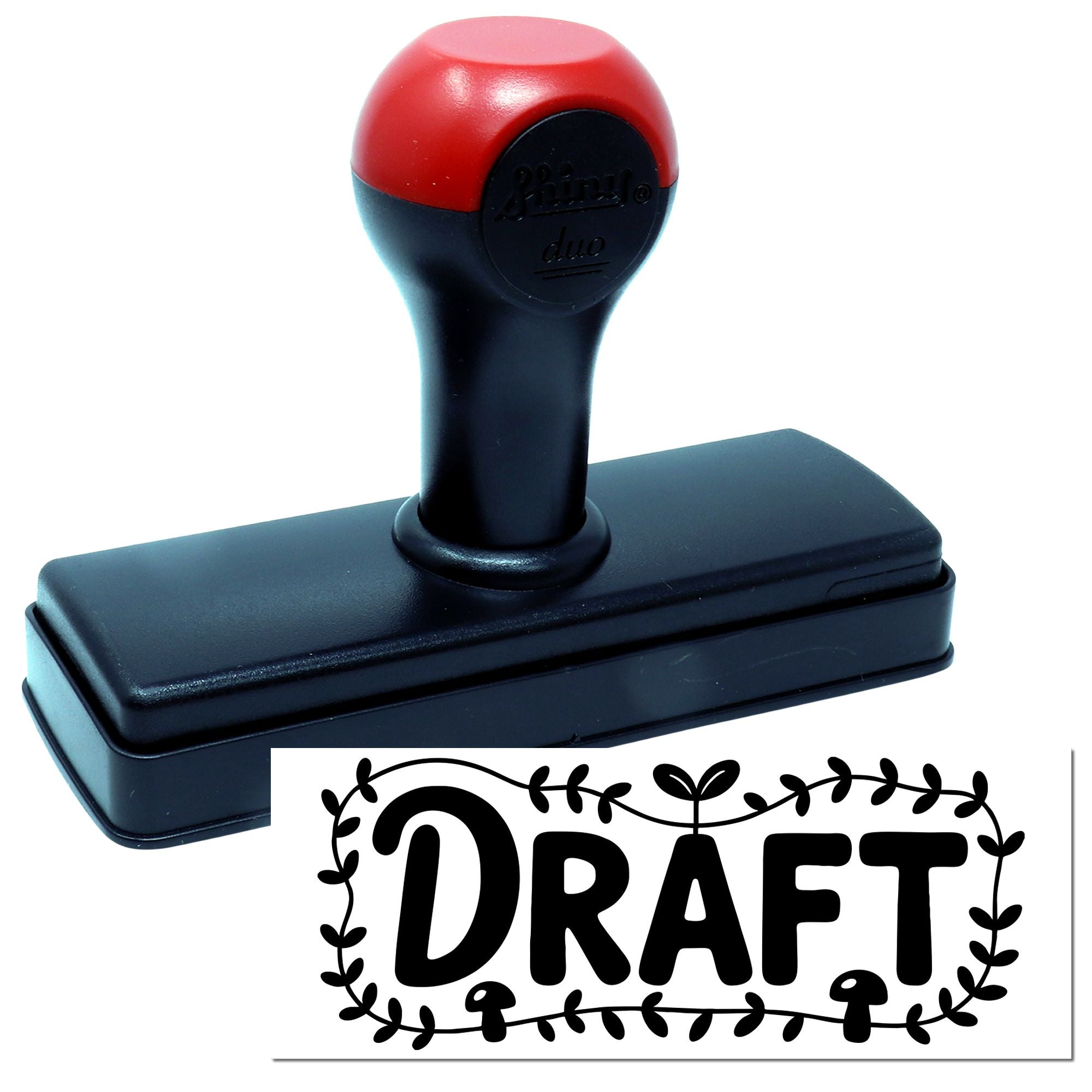 Red and black self-inking stamp with black base, plus a bold black DRAFT seal design.