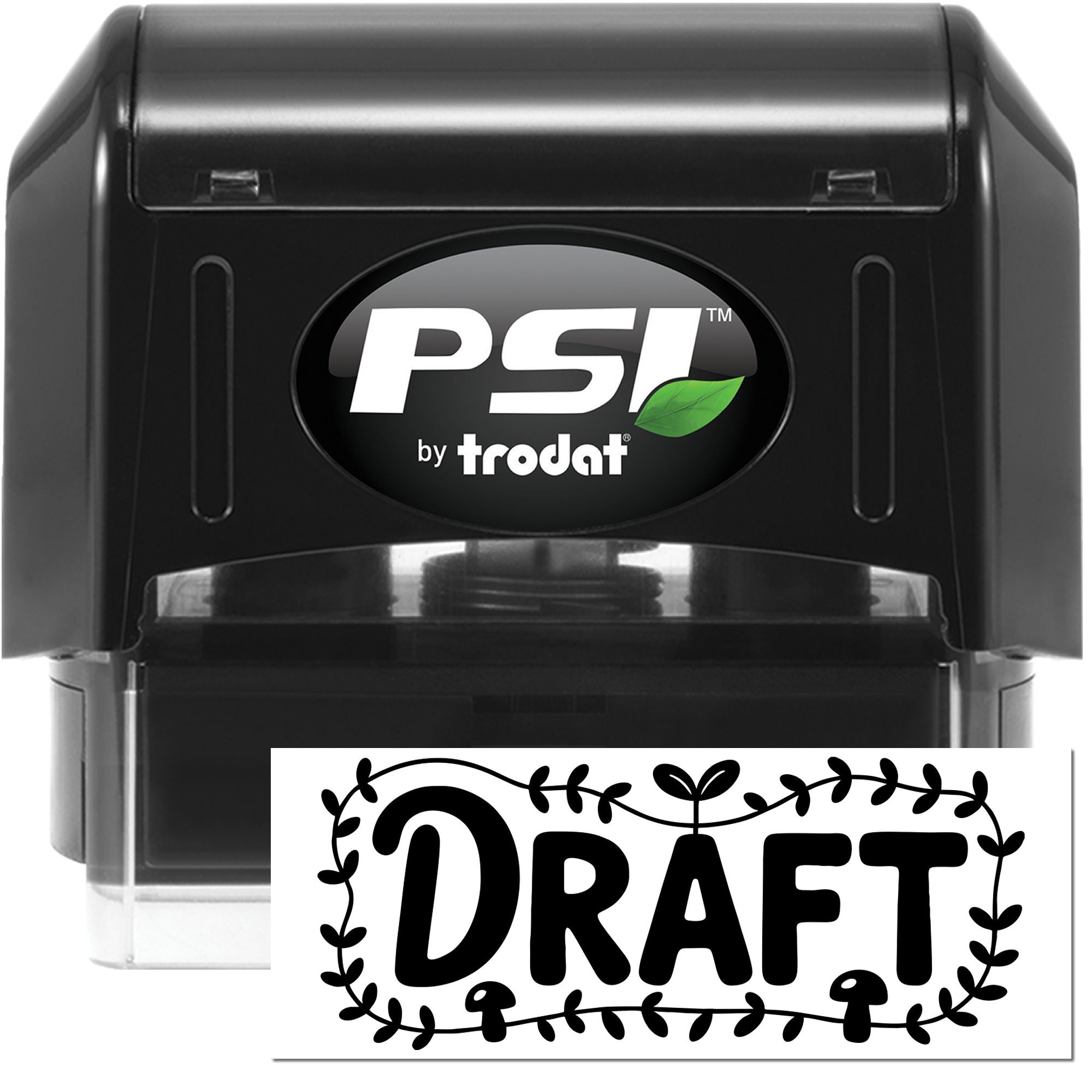 Black PSI by Trodat self-inking stamp with green leaf logo and white DRAFT seal design.